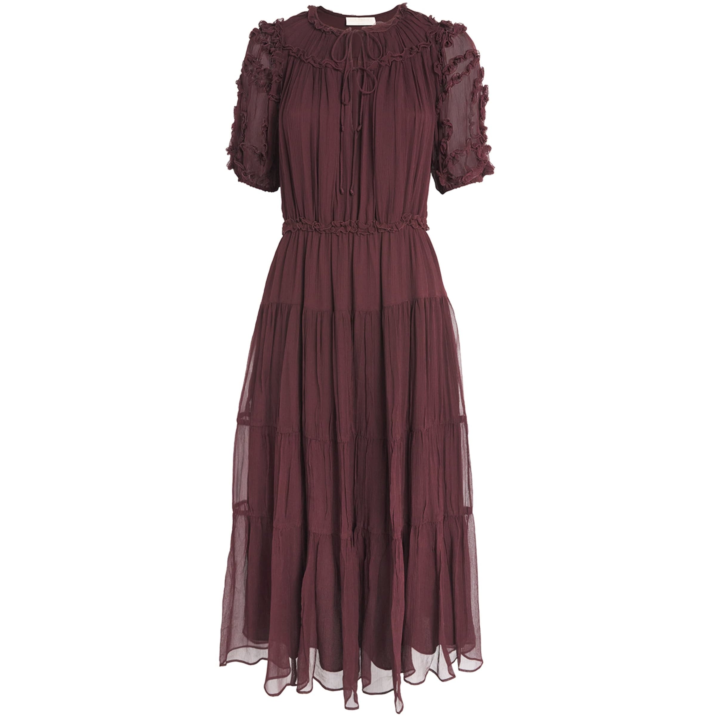 Ulla Johnson Burgundy Silk Ruffled Nan Midi Dress