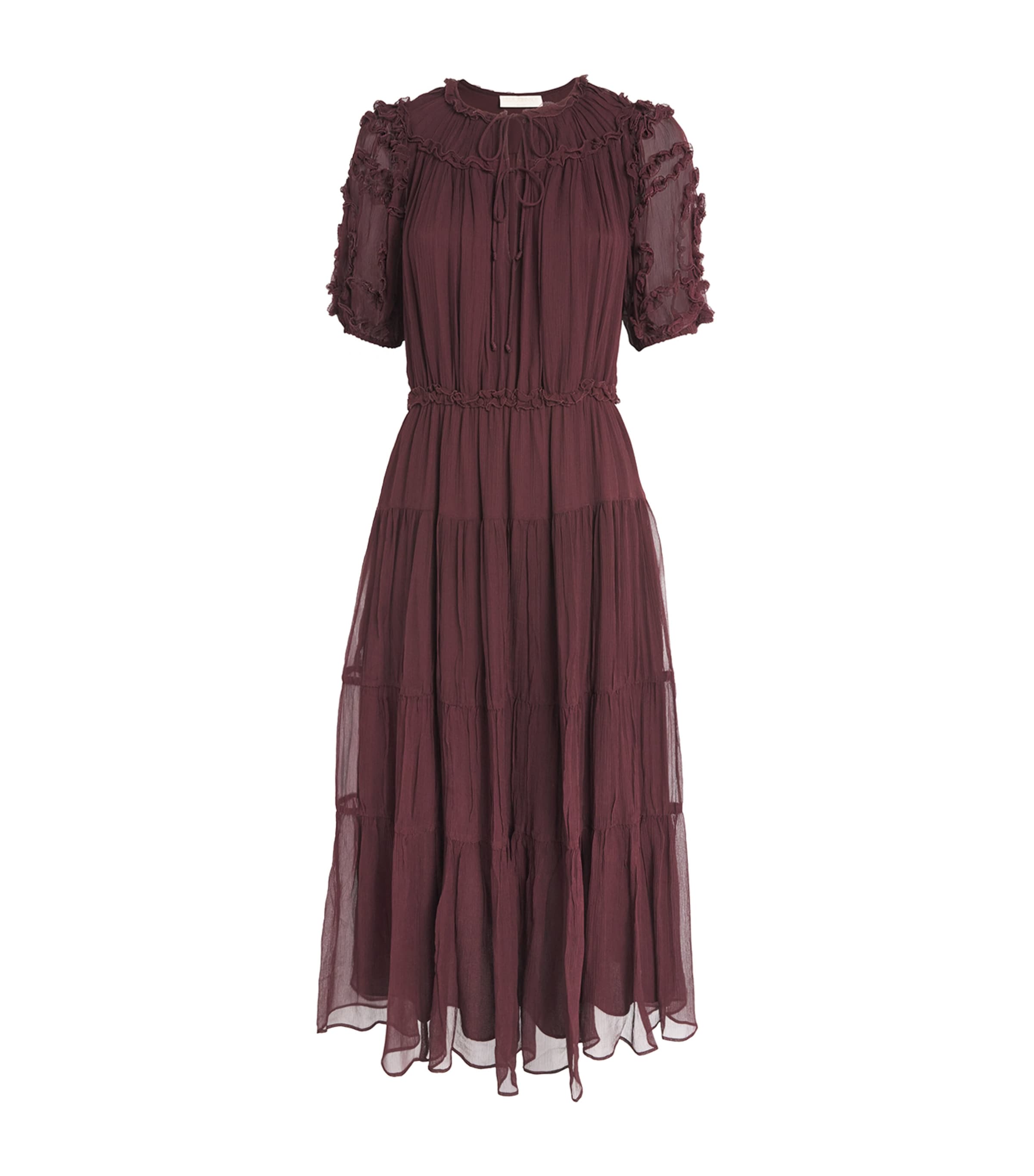 Ulla Johnson Burgundy Silk Ruffled Nan Midi Dress