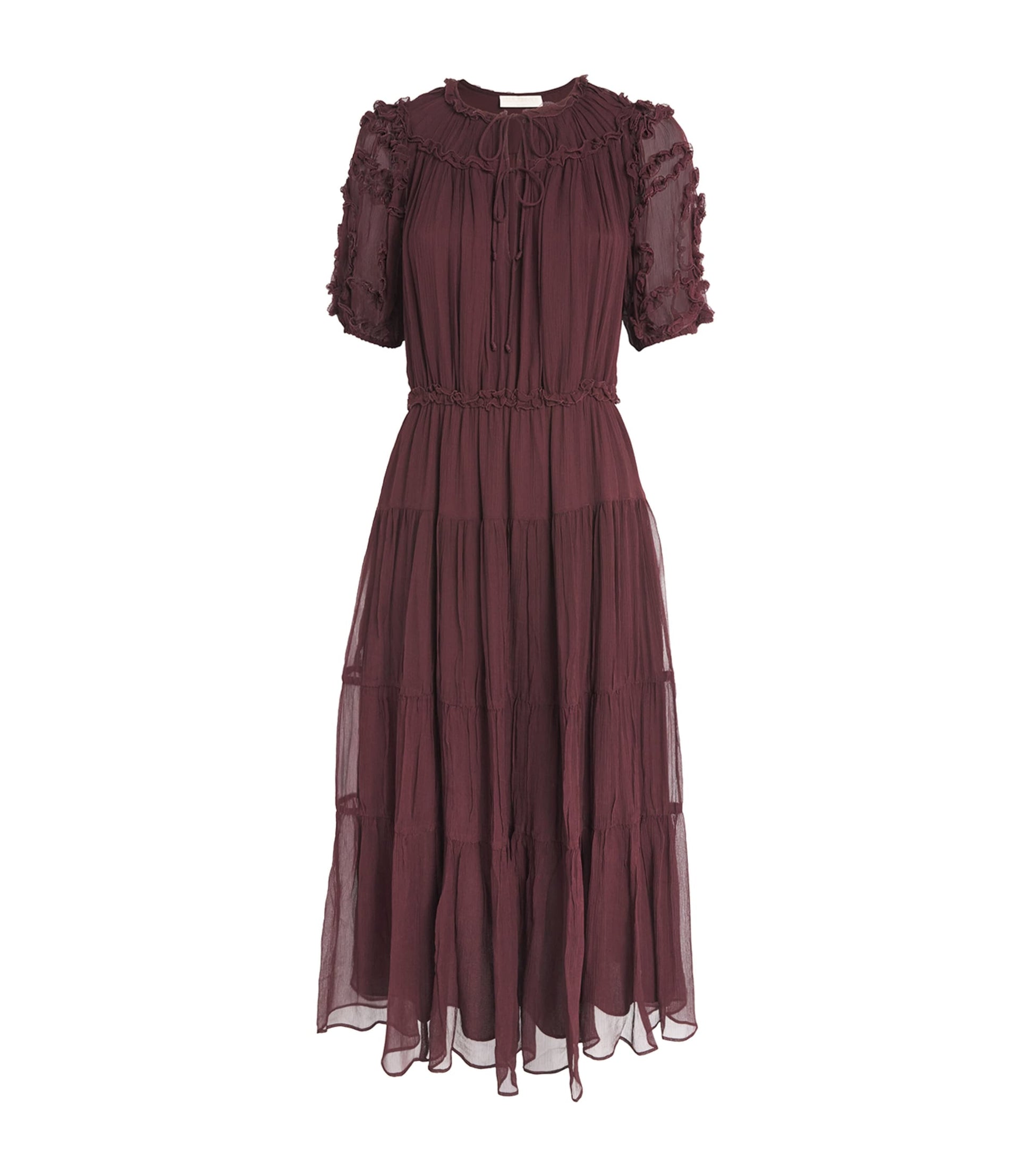 Ulla Johnson Burgundy Silk Ruffled Nan Midi Dress