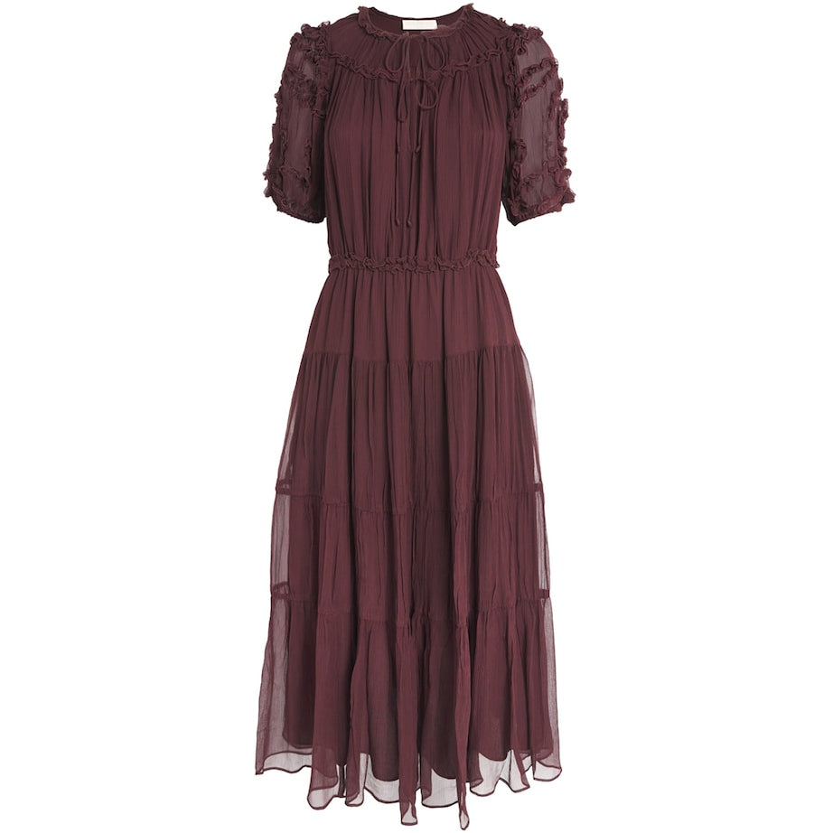Burgundy Silk Ruffled Nan Midi Dress