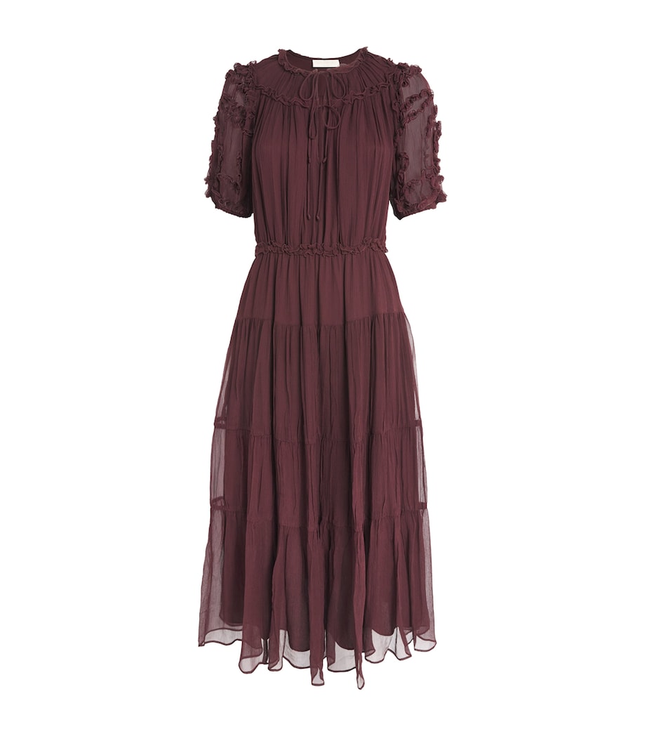 Burgundy Silk Ruffled Nan Midi Dress