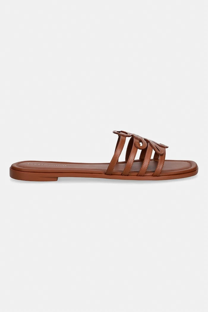 Tommy Hilfiger açık burunlu kadın deri terlik ayakkabı TH SCRIPT FLAT MULE LTH