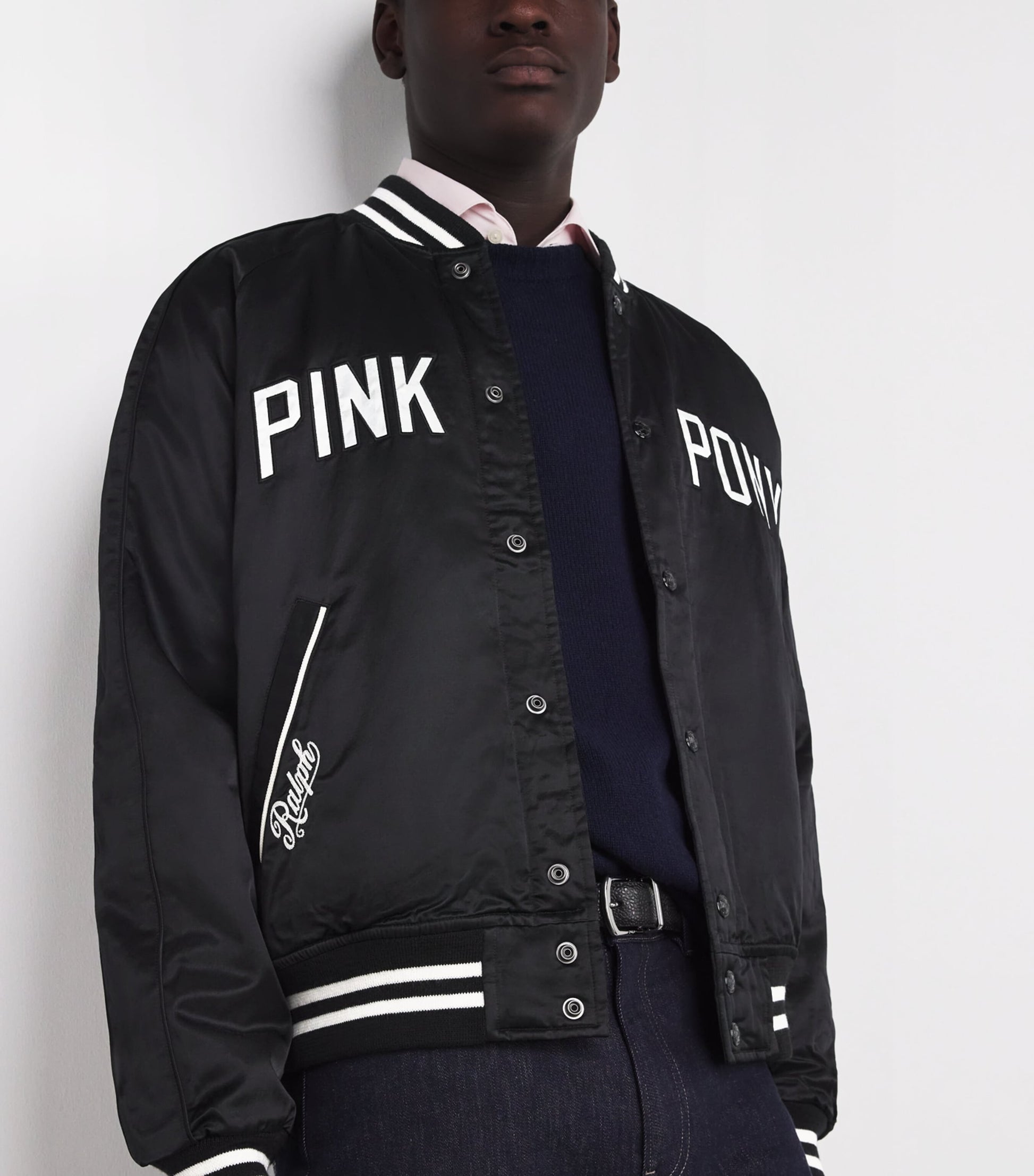 Polo Ralph Lauren Black Satin Pink Pony Baseball Jacket
