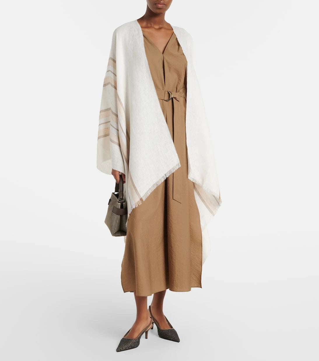 Brunello Cucinelli - Striped linen, cashmere, and silk poncho