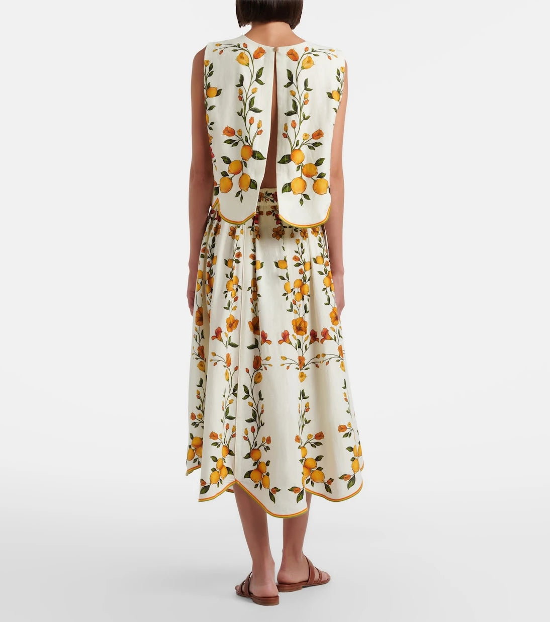 Farm Rio - Lemon Bouquet linen-blend midi skirt