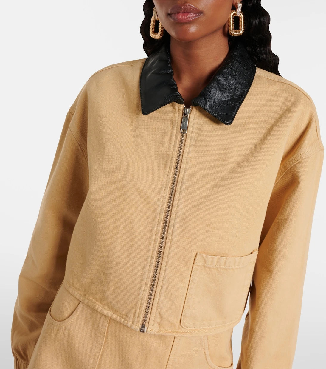 Self-Portrait - Leather-trimmed denim jacket