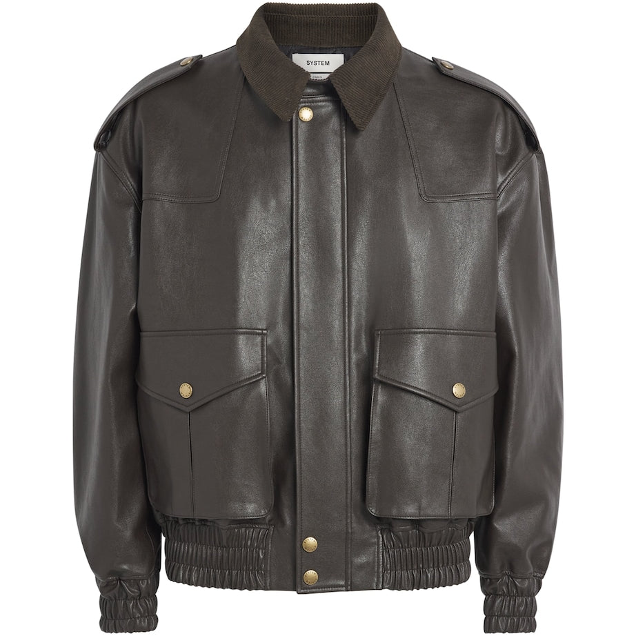 System Brown Faux Leather Bomber Jacket