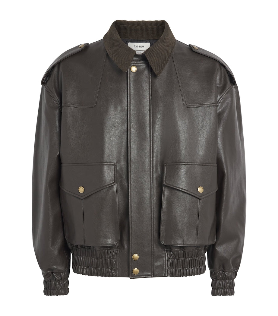 System Brown Faux Leather Bomber Jacket