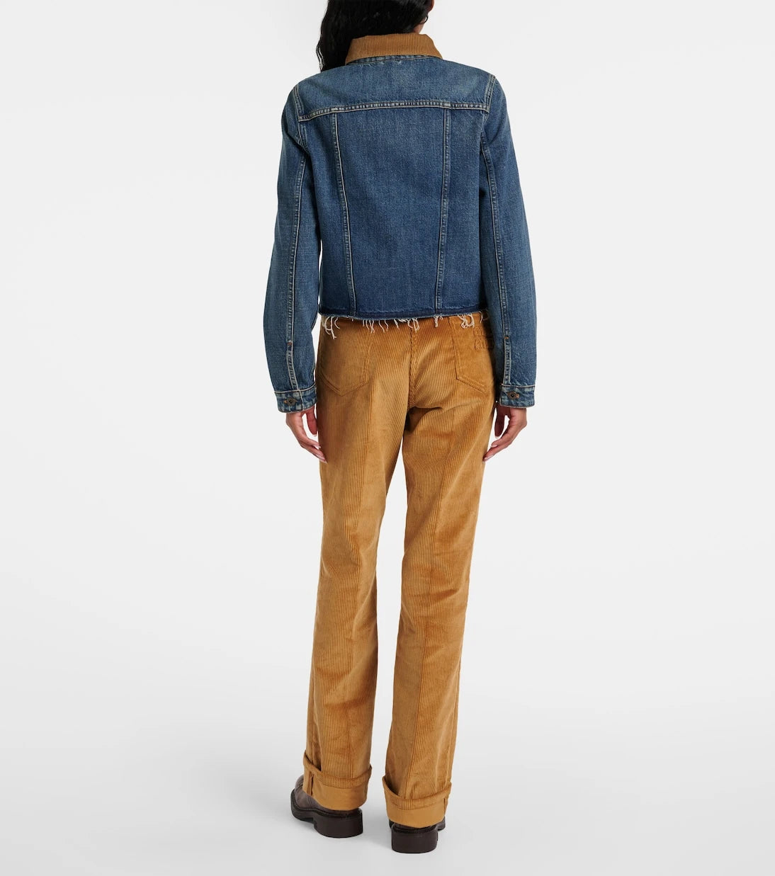 Miu Miu - Logo distressed corduroy-trimmed denim jacket