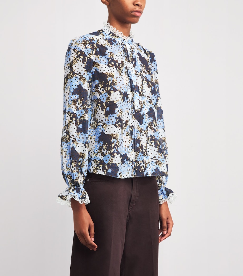 Blue Cotton-Silk Meadow Print Blouse