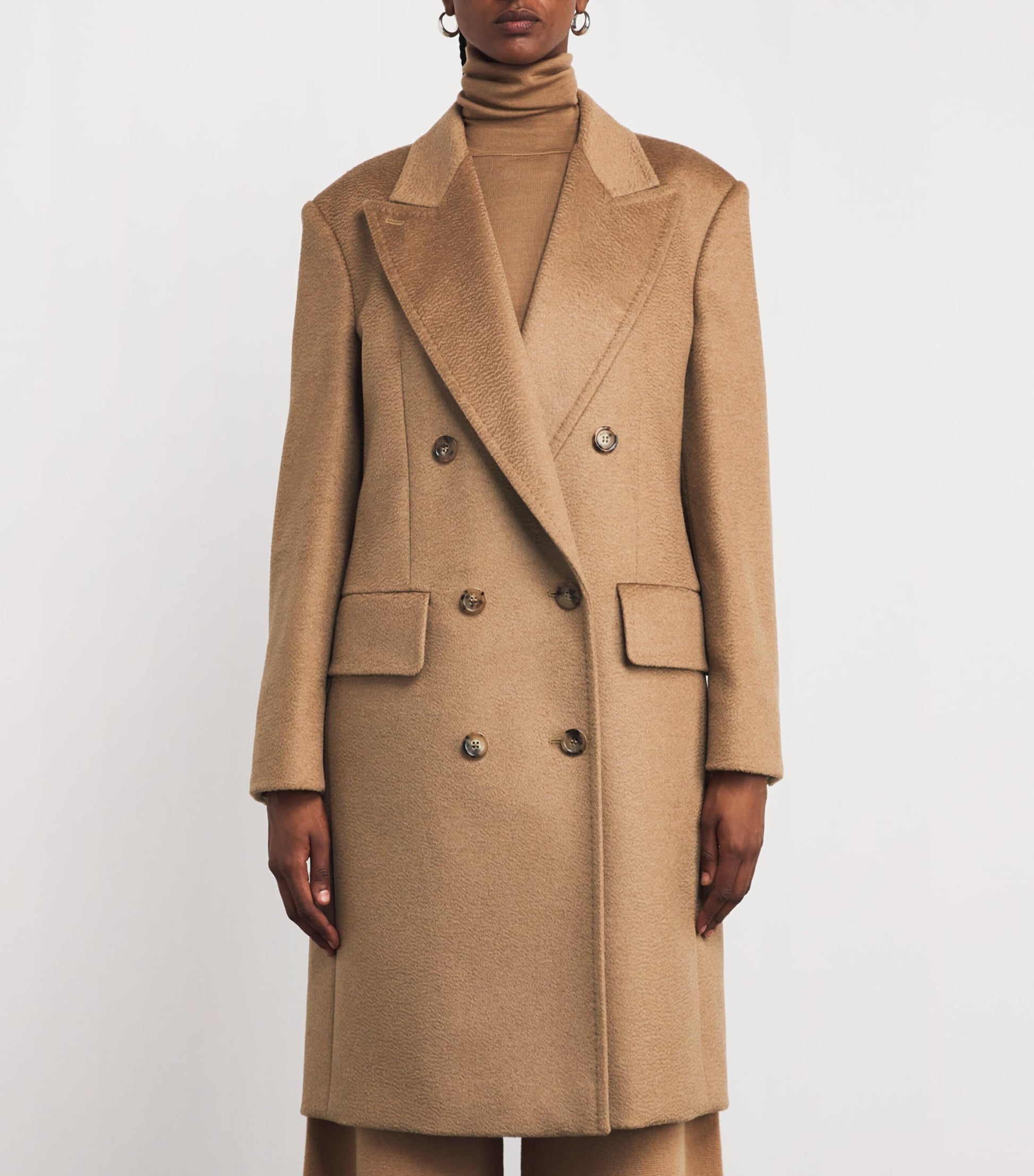 Max Mara Beige Camel Wool Peak Lapel Pea Coat