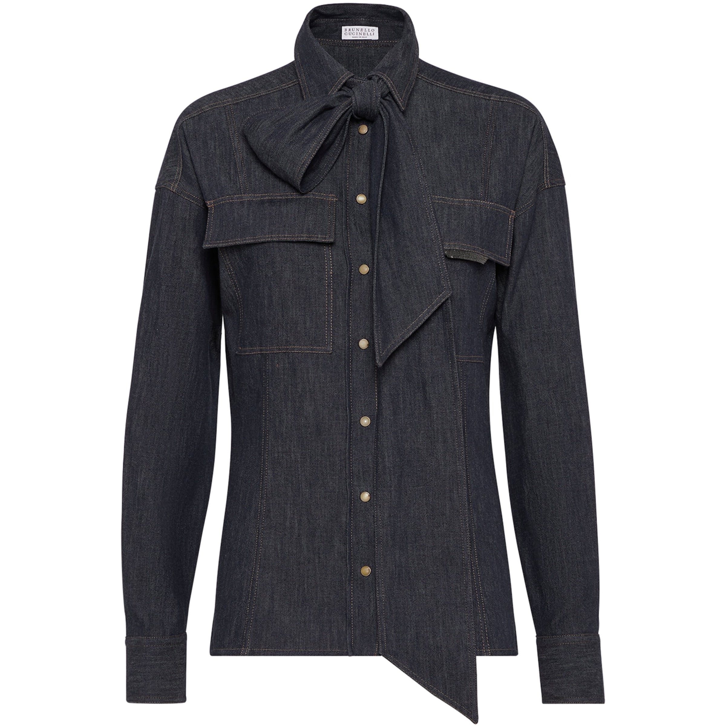 Brunello Cucinelli Blue Denim Pussybow Shirt