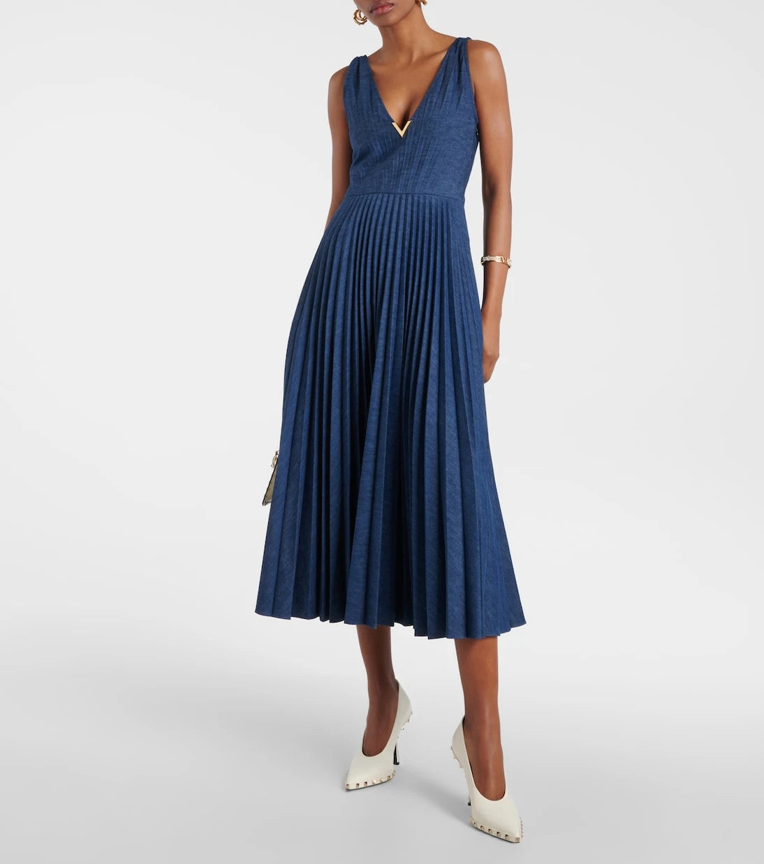 Valentino - VGold plissé chambray maxi dress