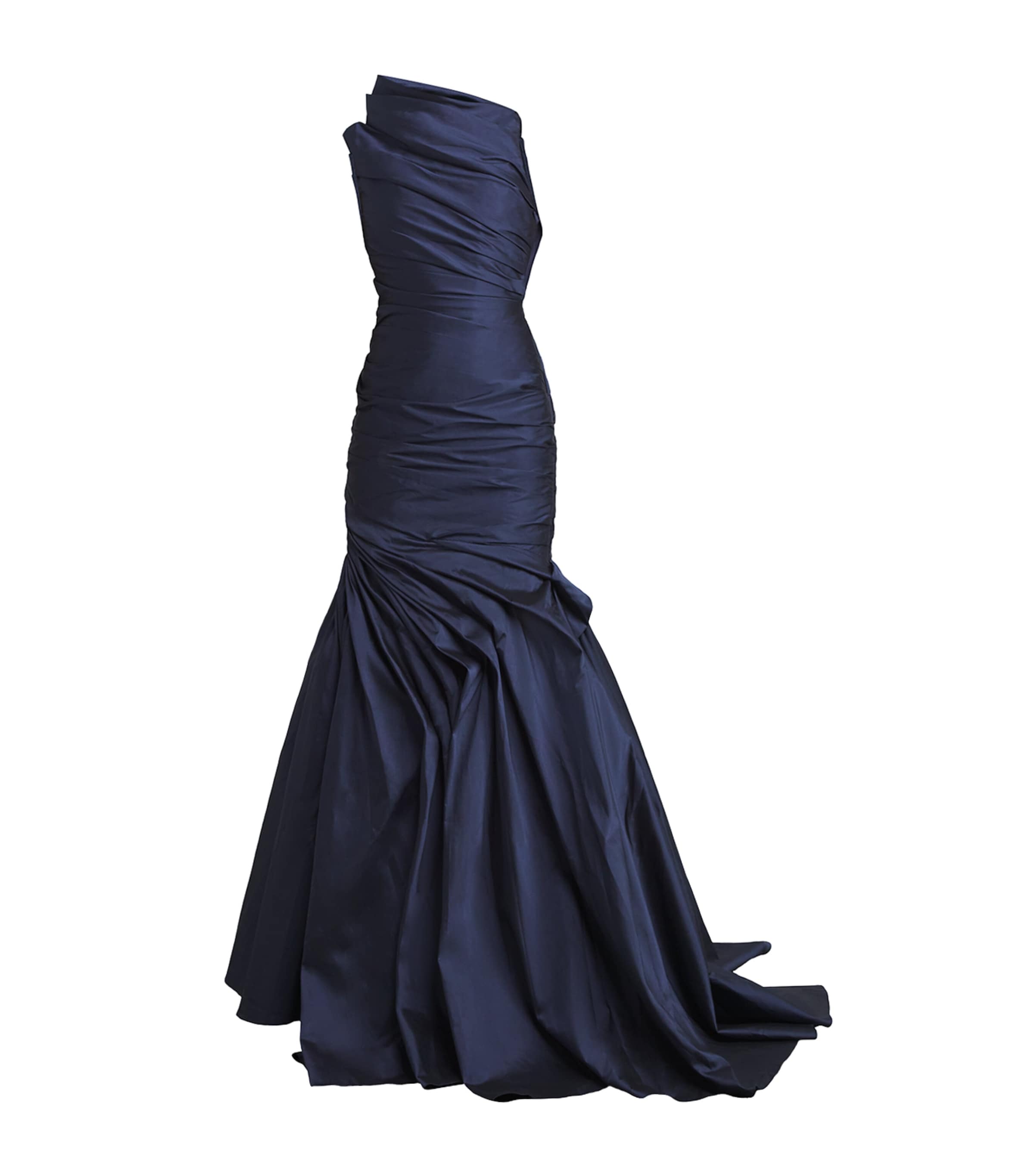 Marmar Halim Navy Taffeta Draped Asymmetric Gown