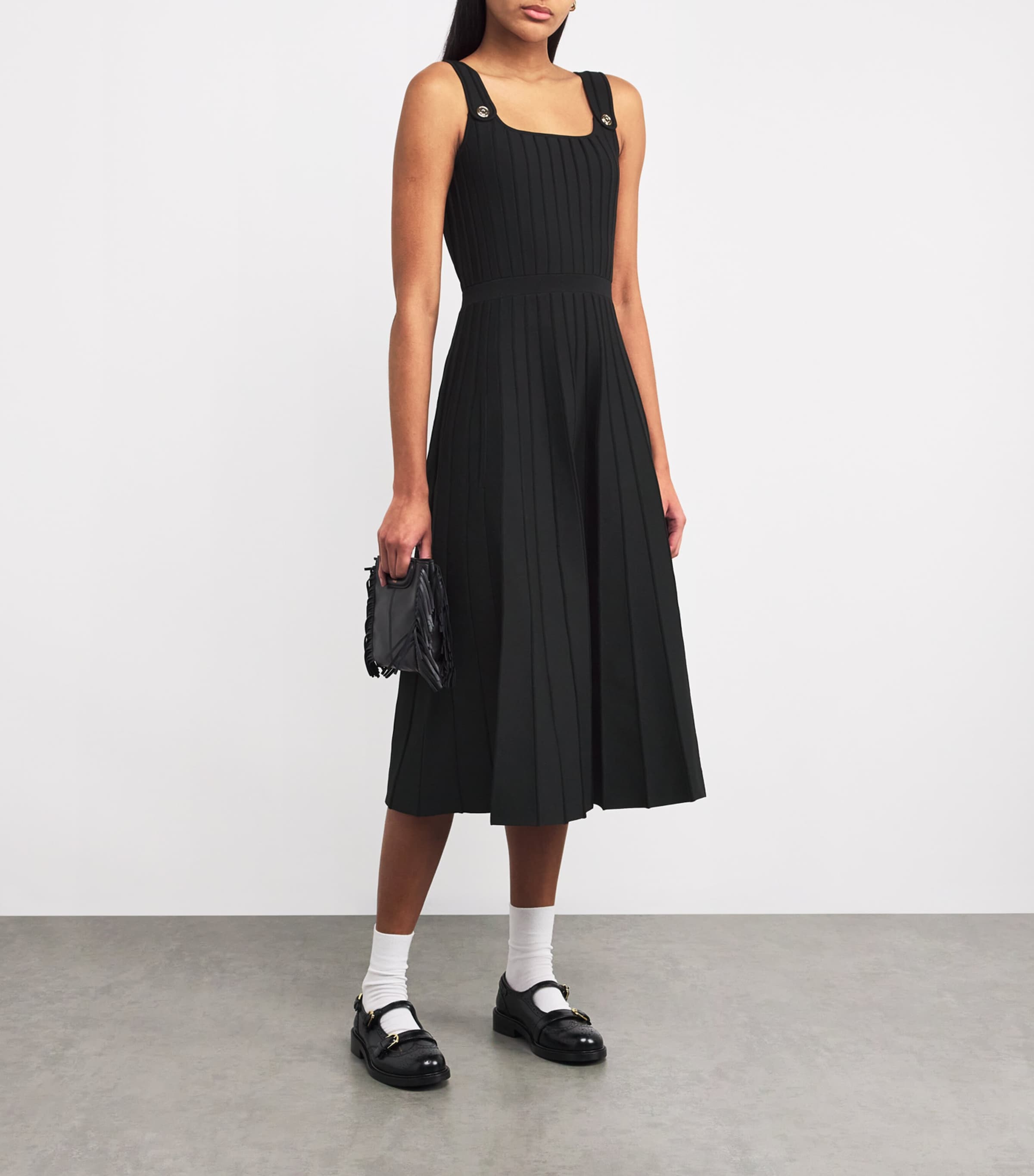 Maje Black Pleated Knit Midi Dress