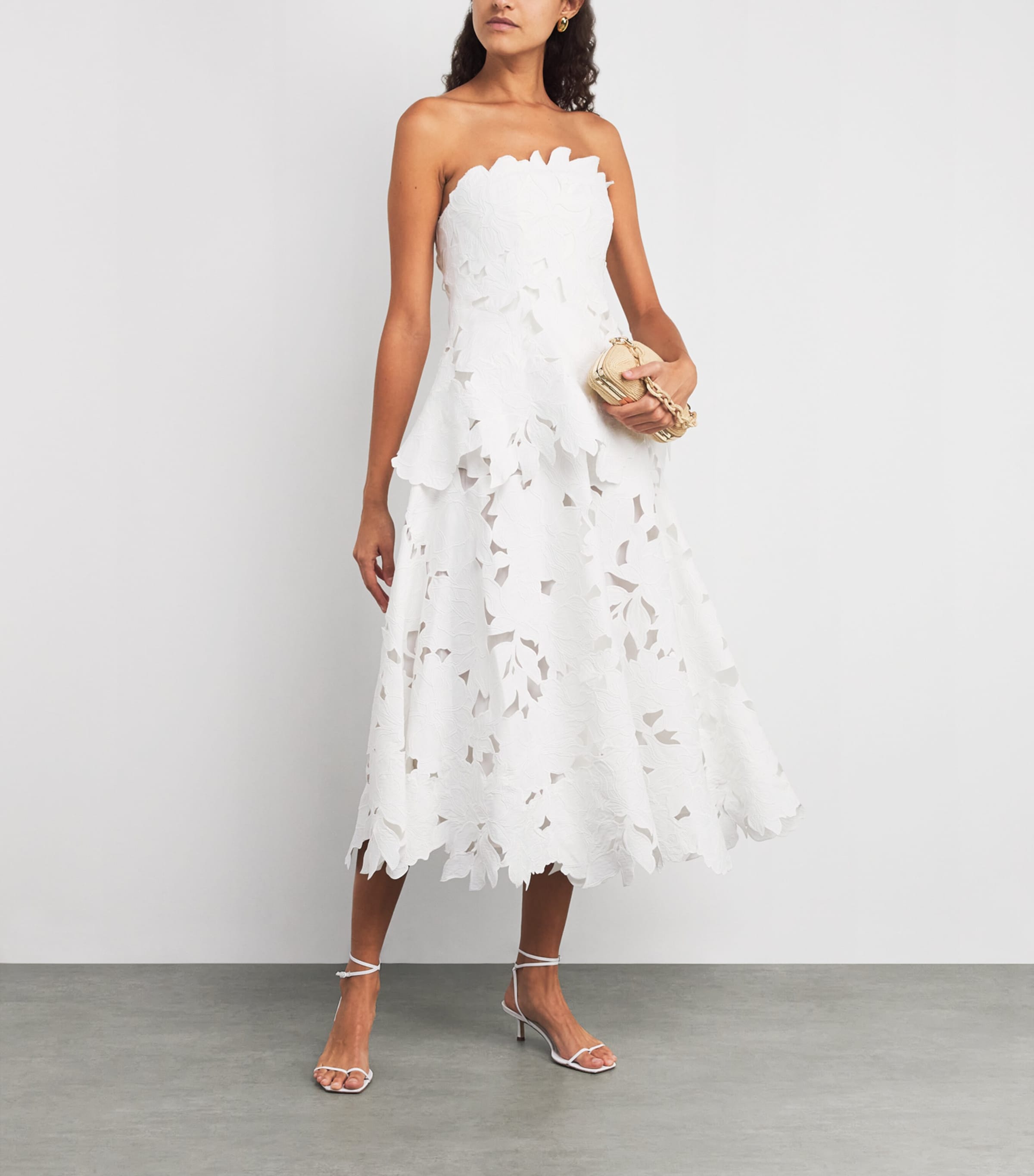 Embroidered Floral Strapless Midi Dress