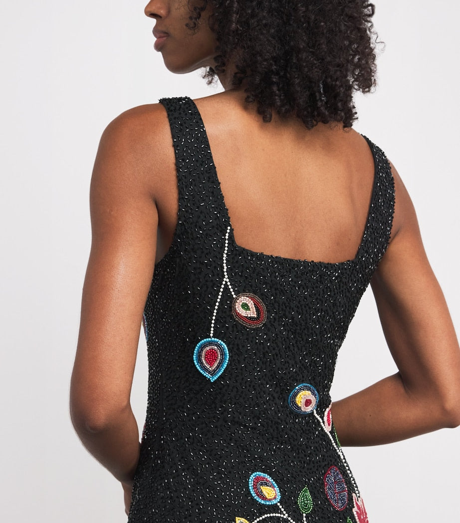 STAUD Black Beaded Floral Le Sable Mini Dress