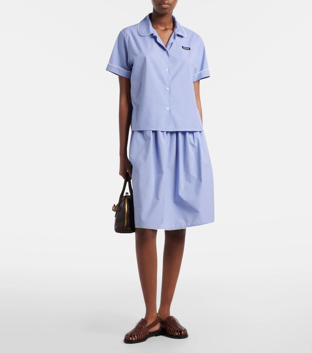 Miu Miu - Gingham lace-trimmed cotton midi skirt