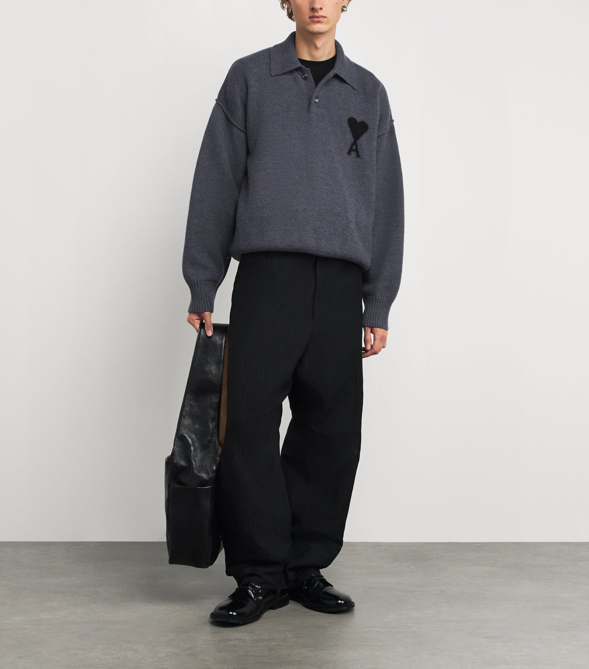 AMI Paris Black Wool Ami de Coeur Polo Sweater