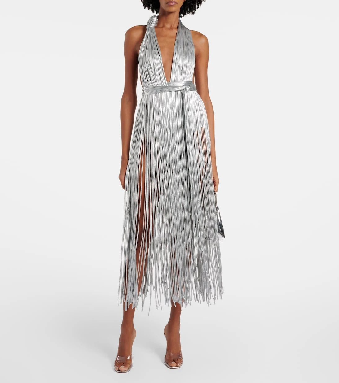 Area - Fringed metallic-effect jersey gown
