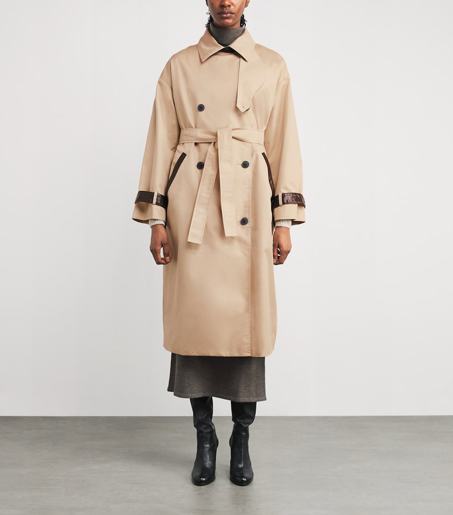 Beige Sheepskin-Trim Trench Coat