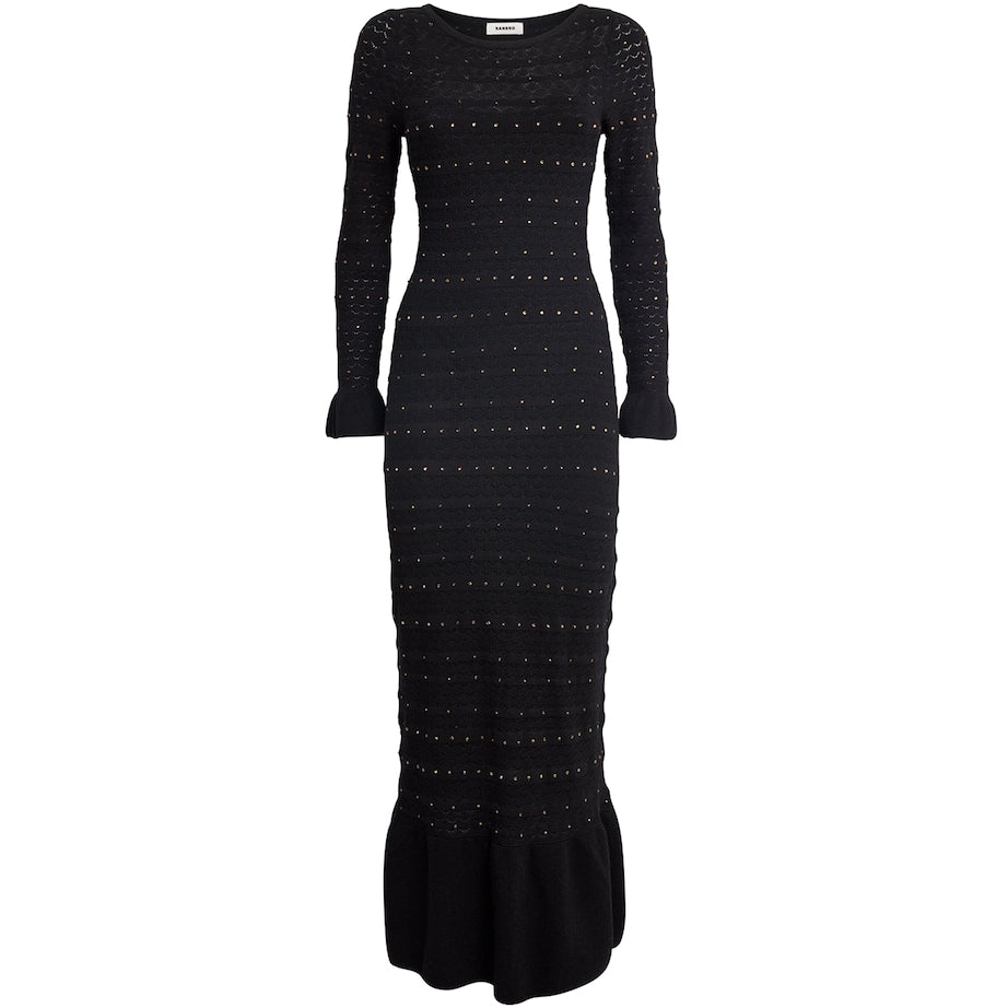 Rhinestone-Embellished Knitted Maxi Dress BLACK