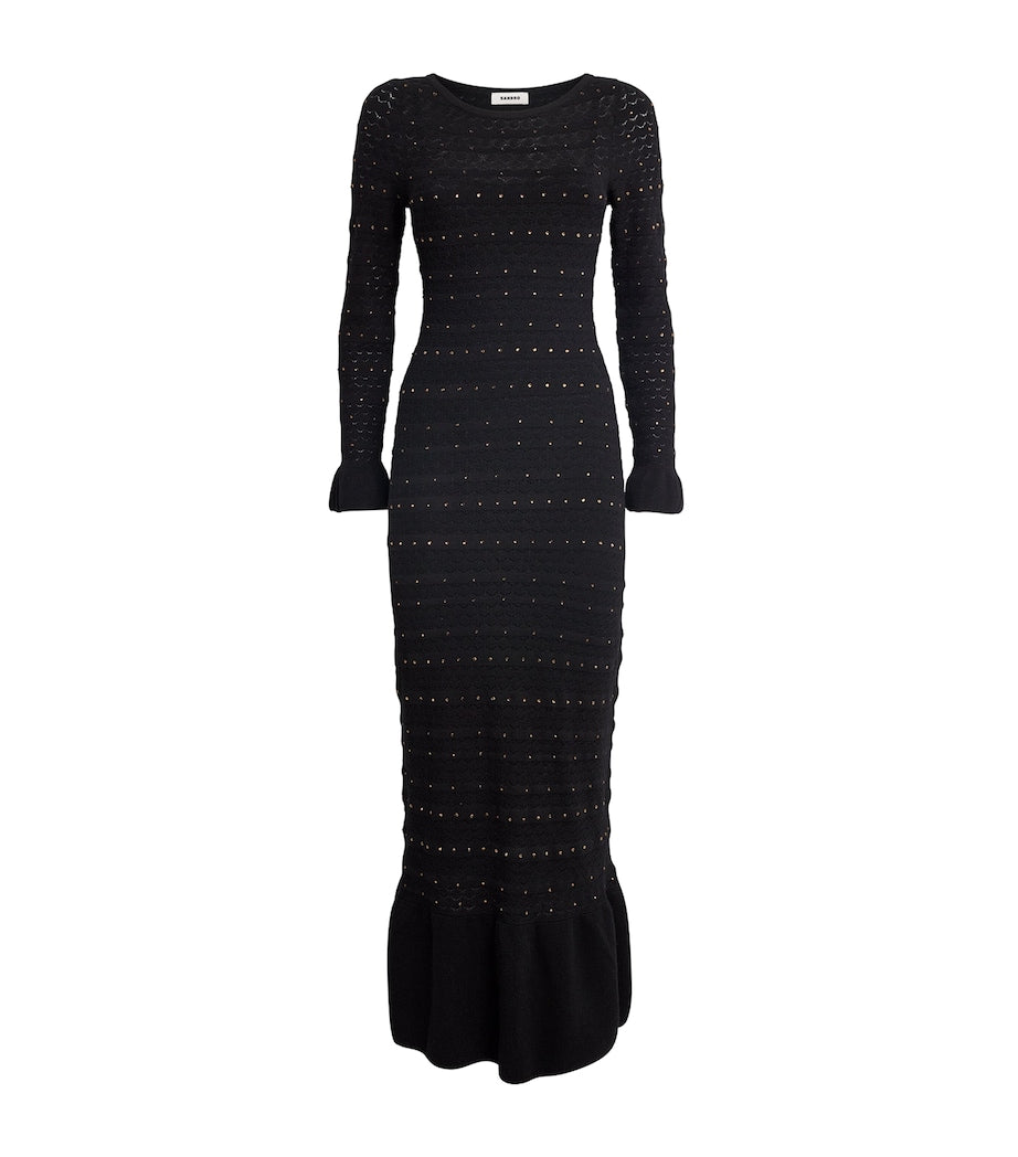 Rhinestone-Embellished Knitted Maxi Dress BLACK