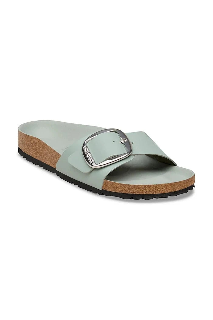 Birkenstock düz tabanlı kadın deri terlik Madrid Big Buckle