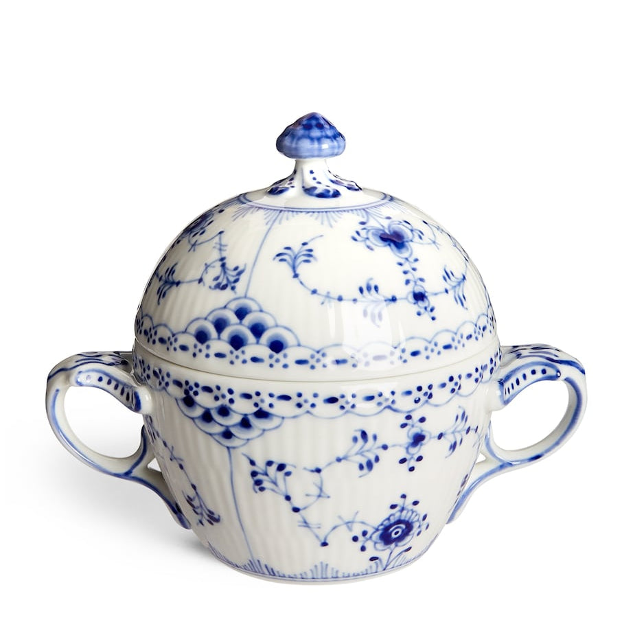 Blue Fluted Half Lace Sugar Bowl and Lid