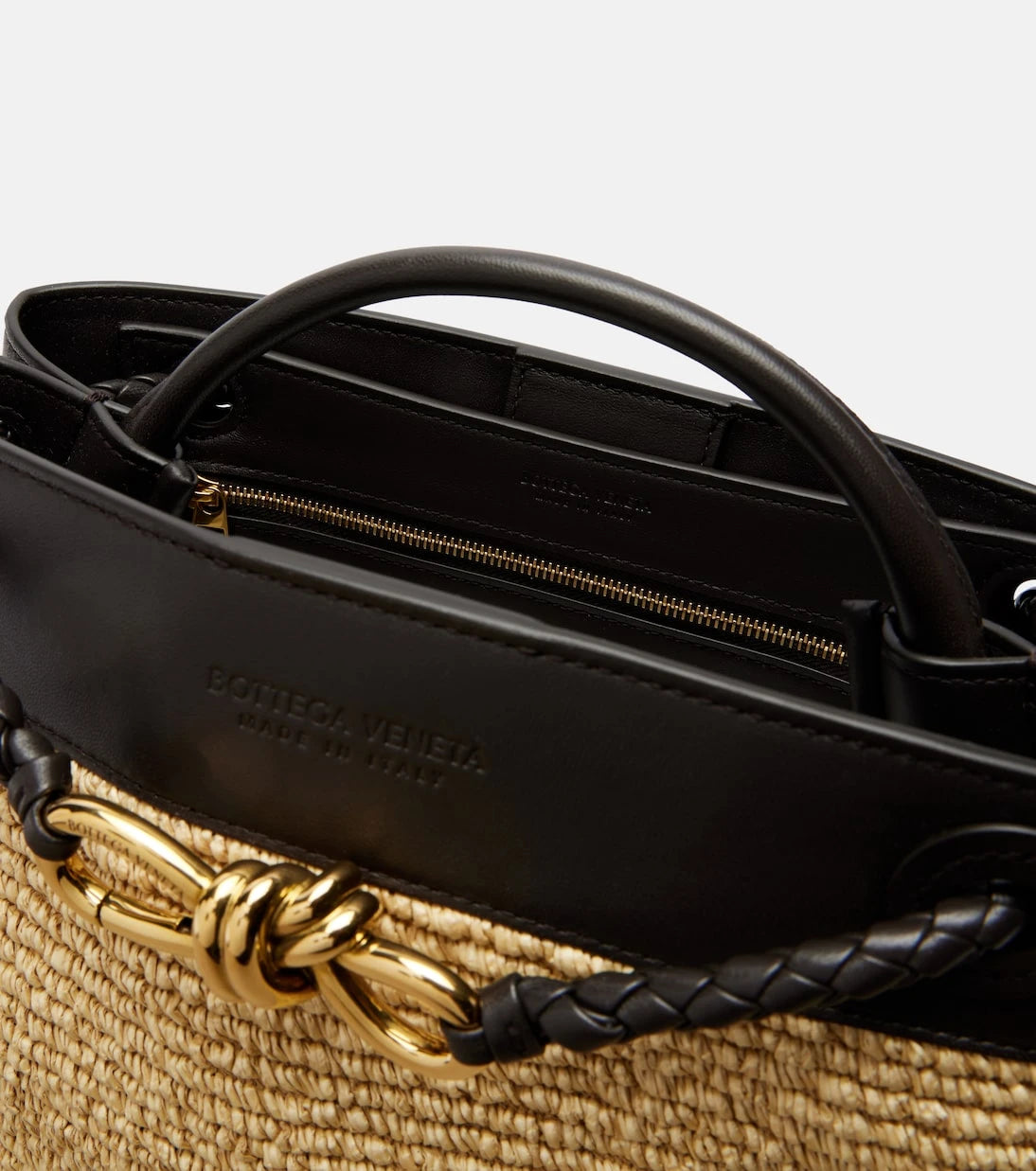 Bottega Veneta - Andiamo Small leather and raffia top-handle bag
