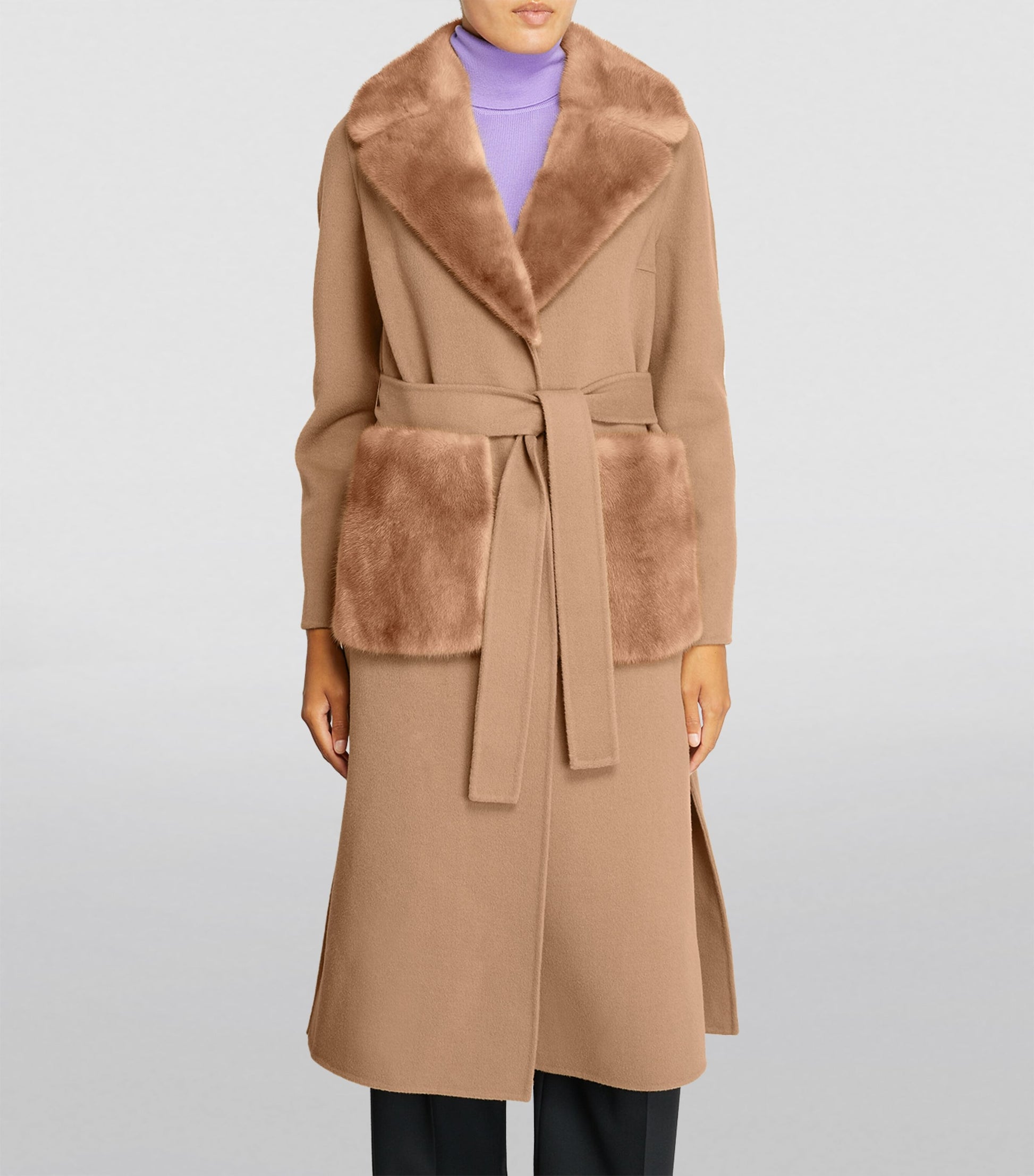 Yves Salomon Beige Cashmere-Wool Fox Fur-Trim Coat