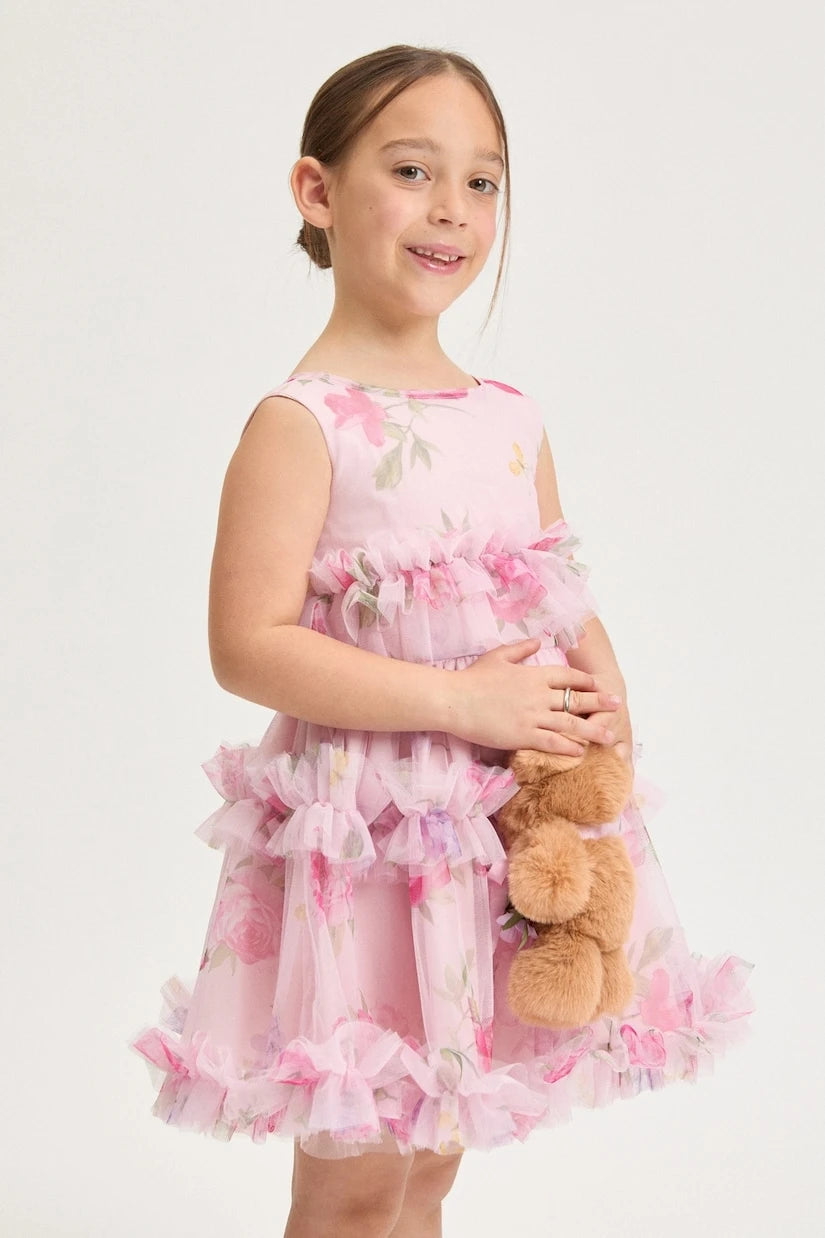 Monnalisa - Floral ruffled tulle dress
