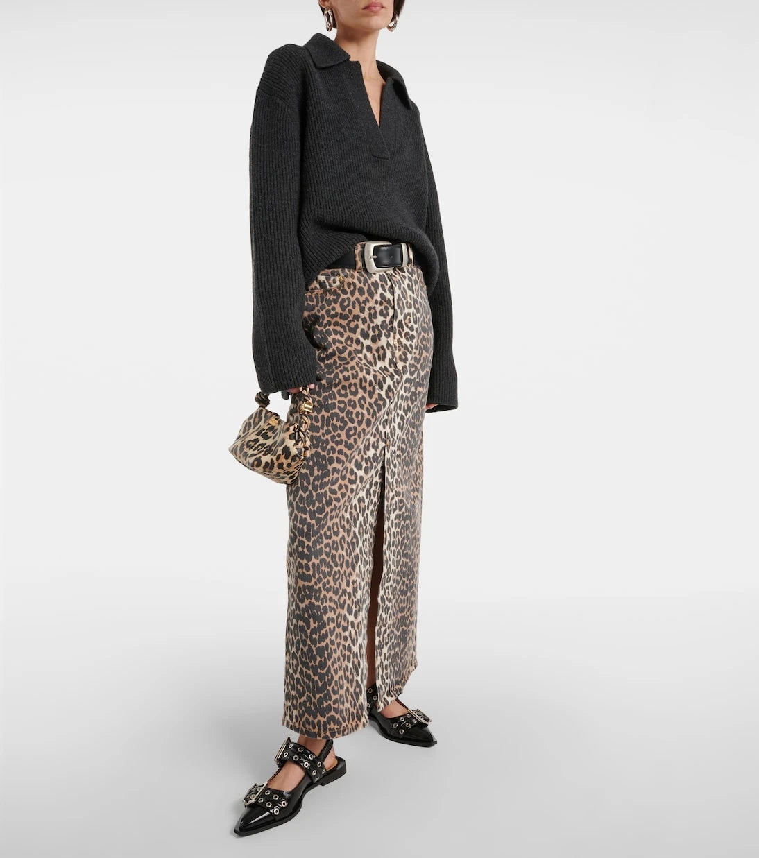 Ganni - Leopard-print denim maxi skirt