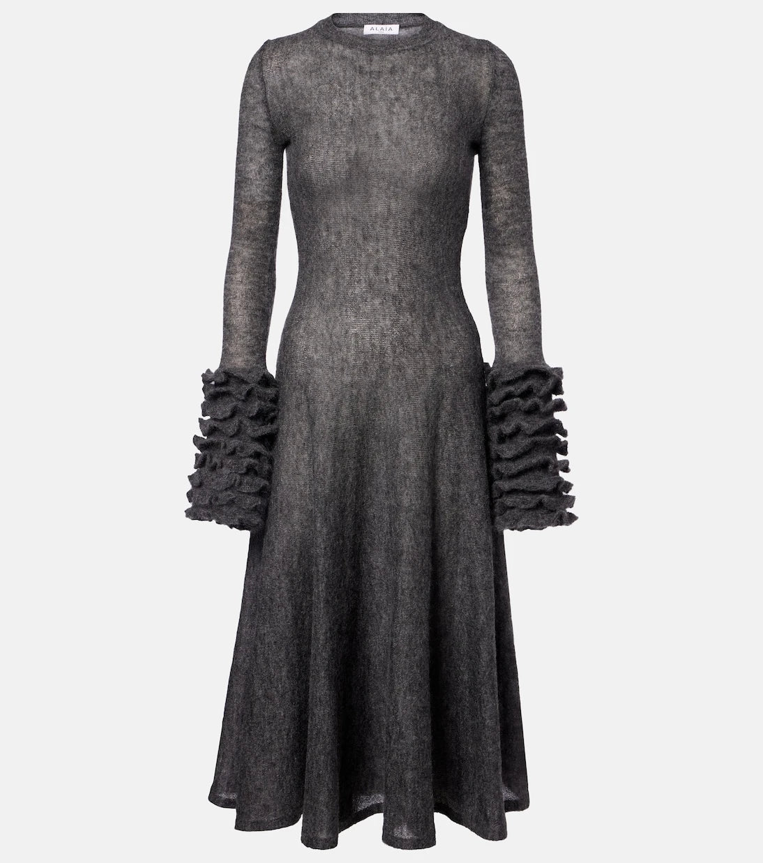 Alaïa - فستان ميدي بتصميم مكشكش من مزيج الموهير والصوف