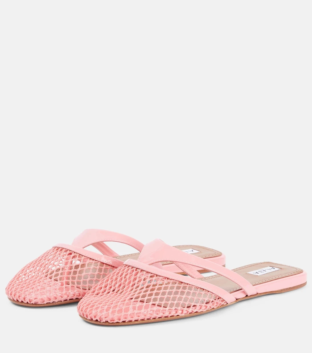 Alaïa - Patent leather-trimmed fishnet mules