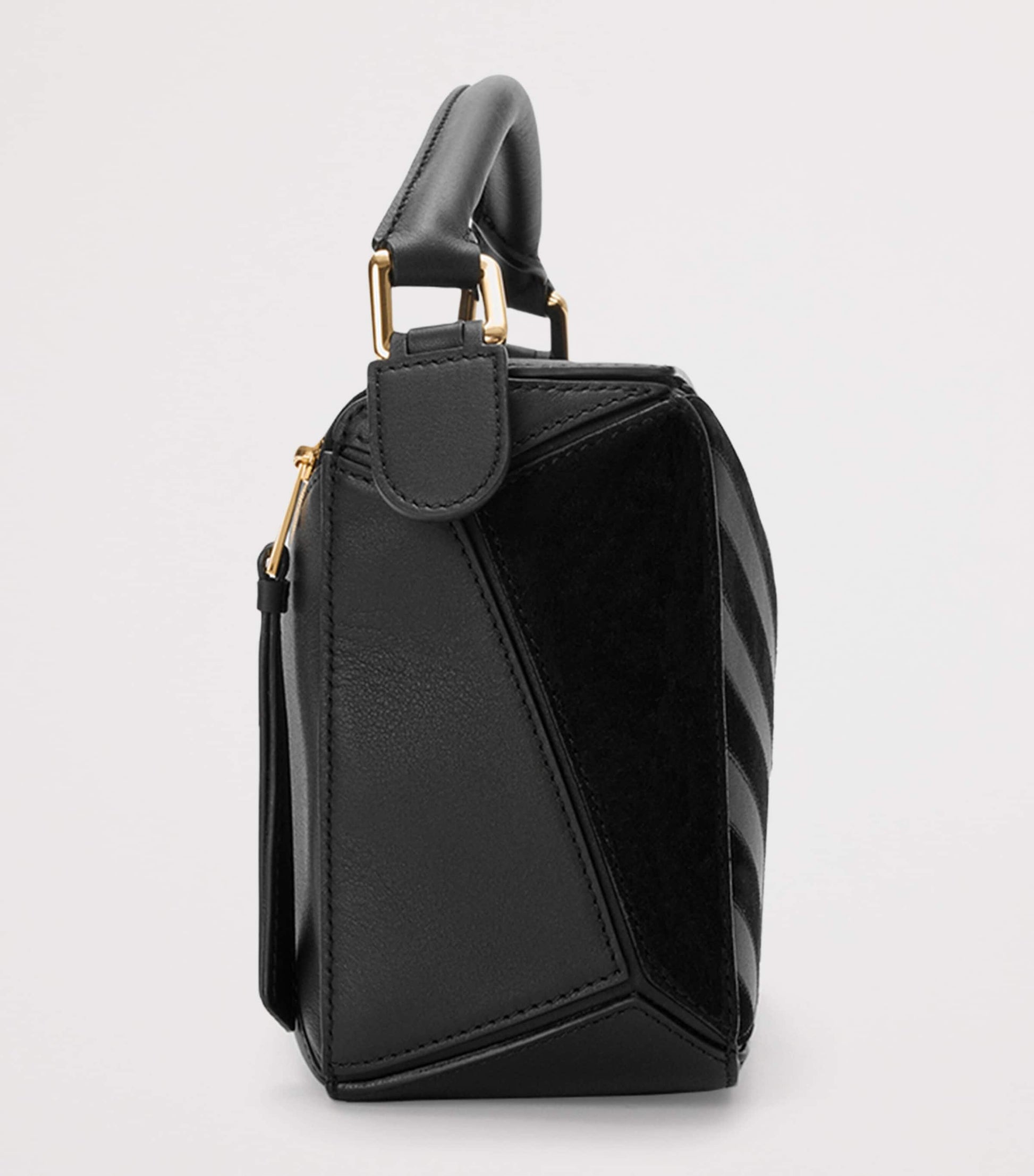Small Leather Stripe Puzzle Edge Top-Handle Bag
