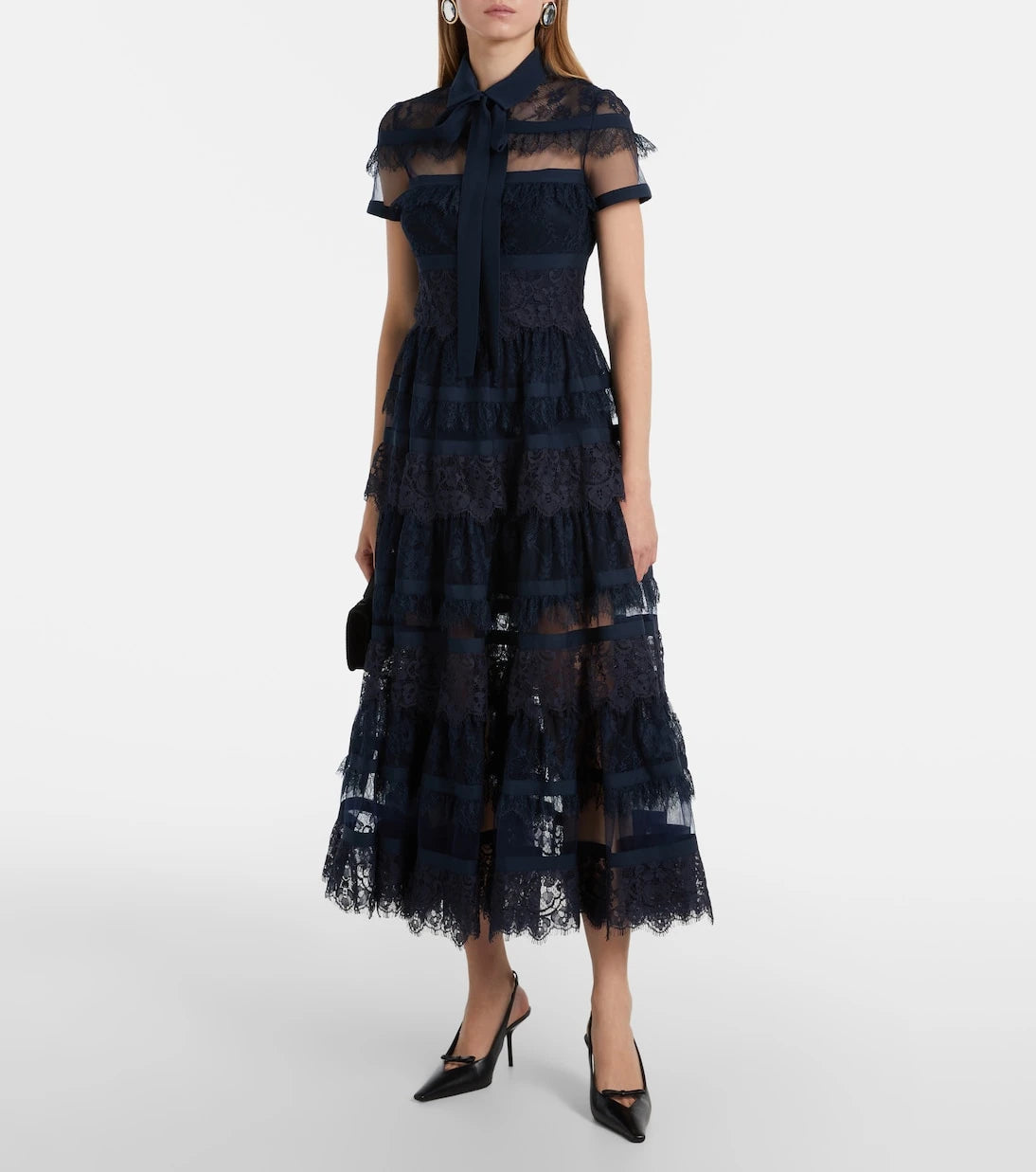 Elie Saab - Tie-neck lace midi dress