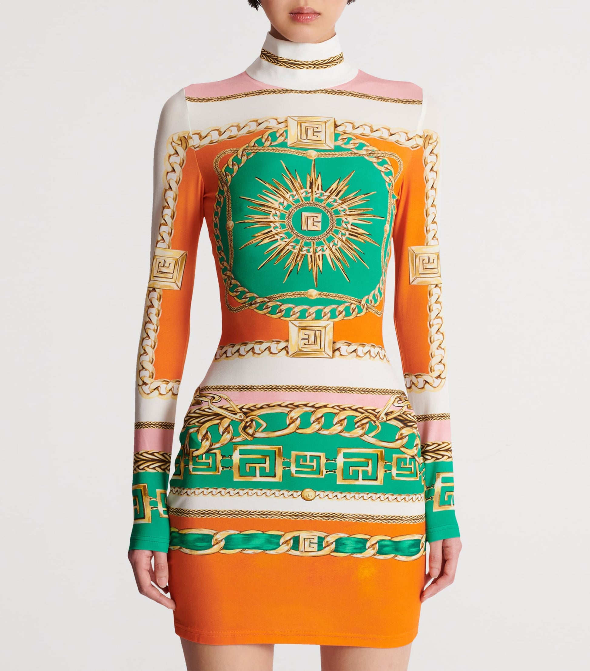 Balmain Multi Jersey Printed High-Neck Mini Dress