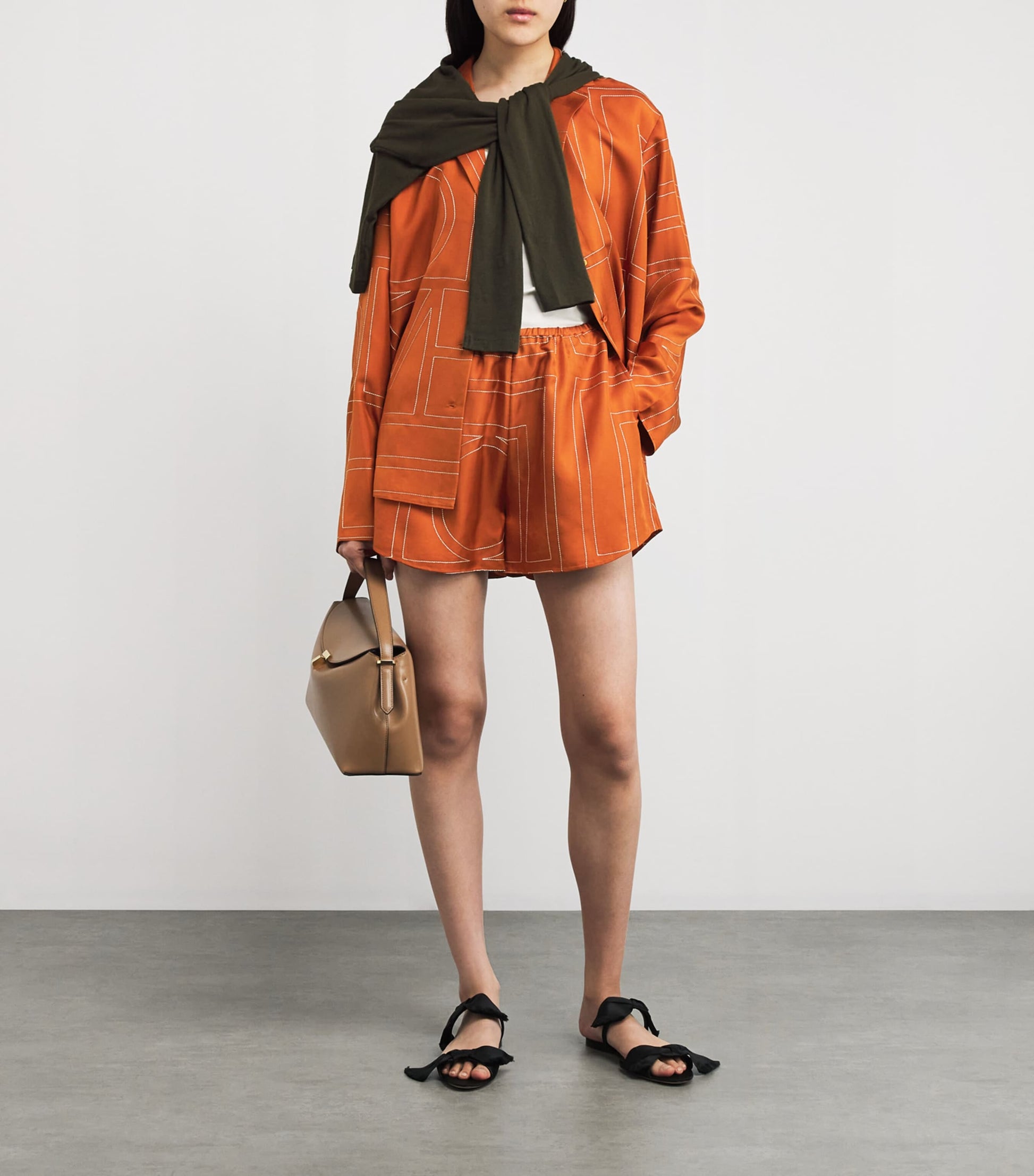 Orange Silk Embroidered Monogram Shorts
