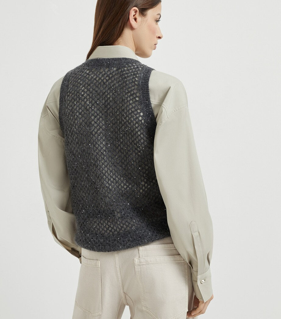 Brunello Cucinelli Grey Dazzling Mesh Knitted Vest