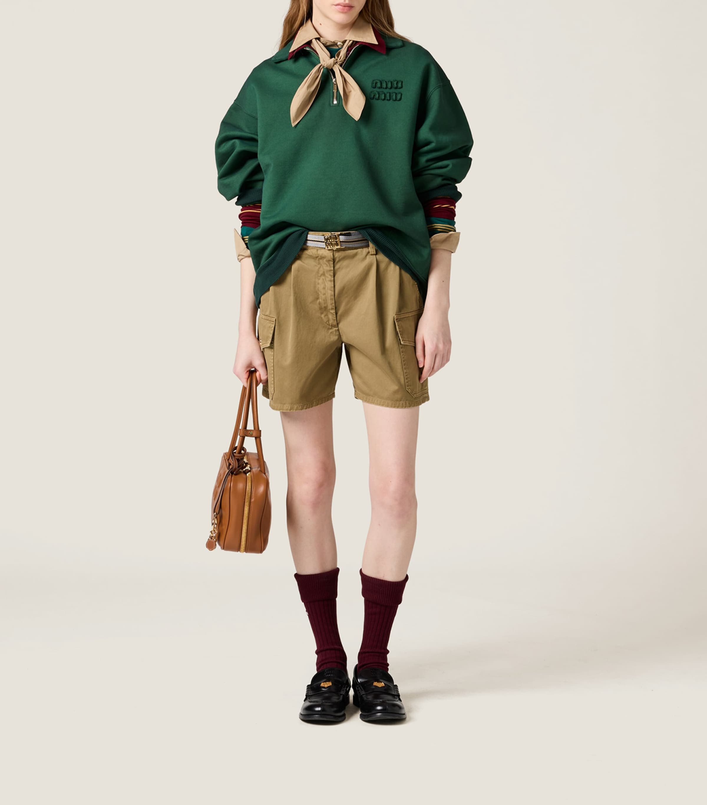 Green Cotton Belted Cargo Shorts