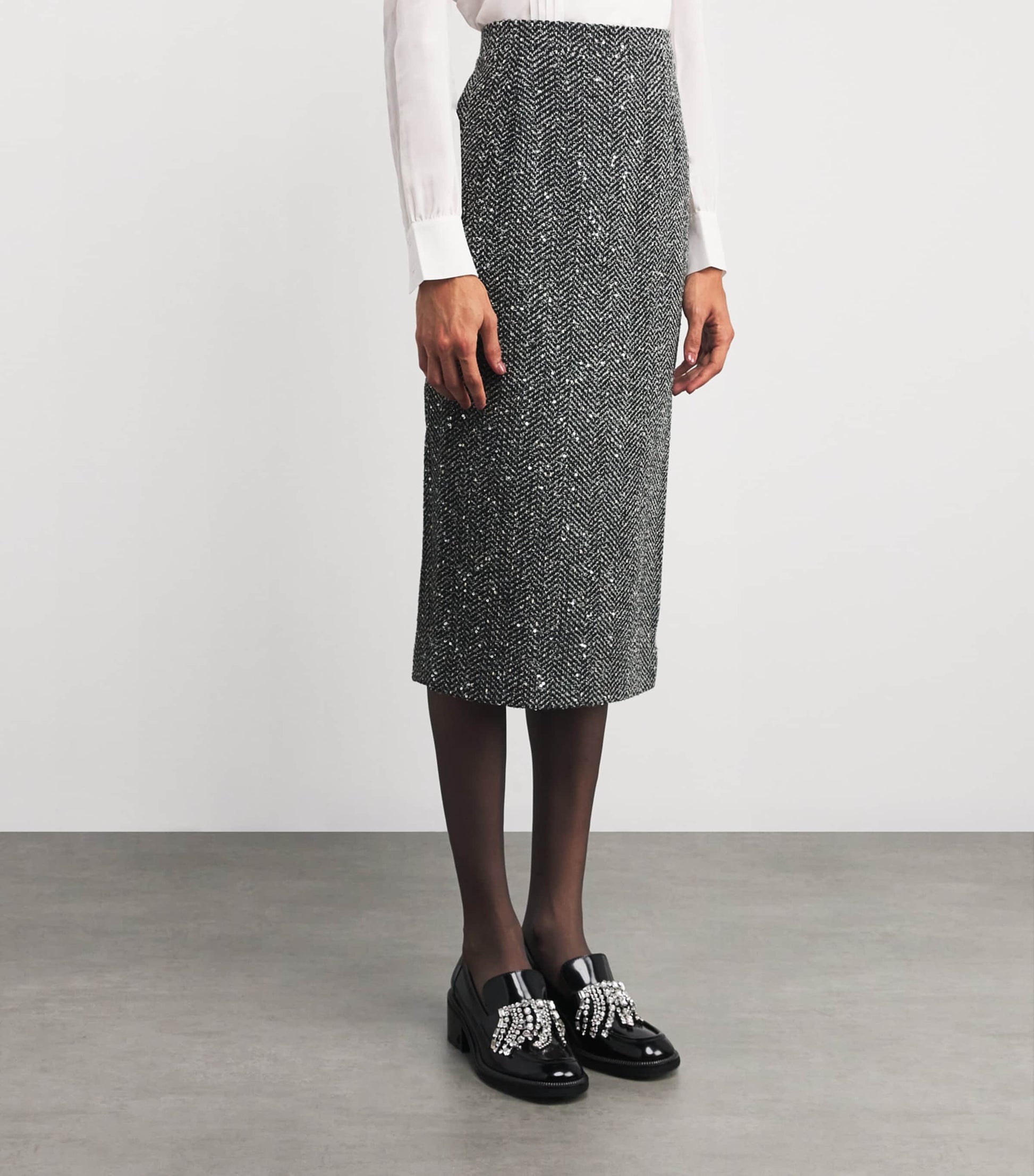 Tweed Embellished Midi Pencil Skirt