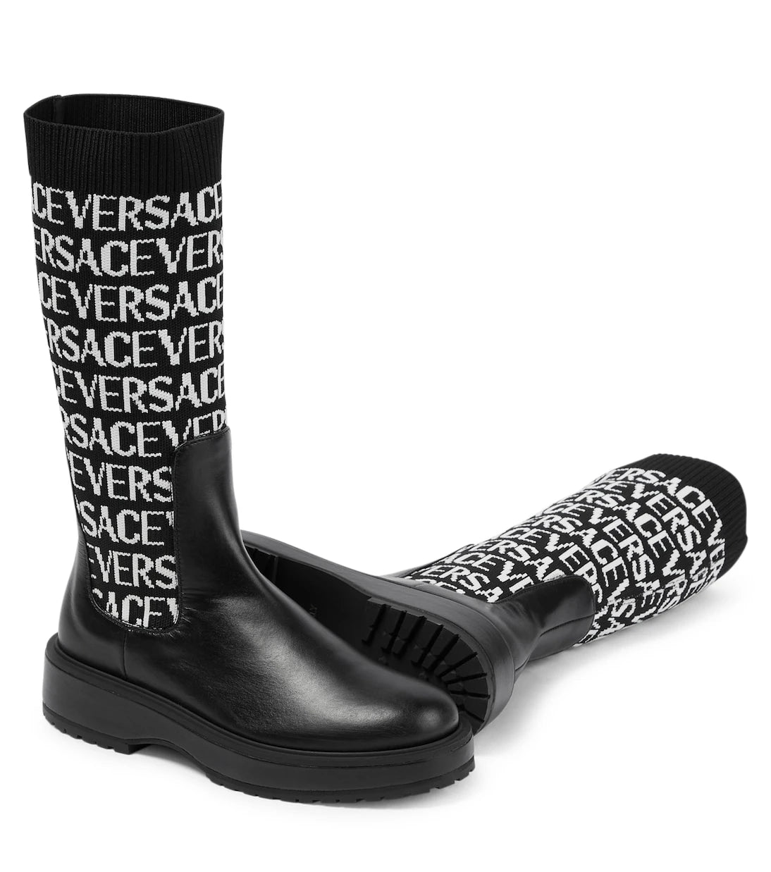 Versace Kids - Jacquard knit-trimmed leather boots