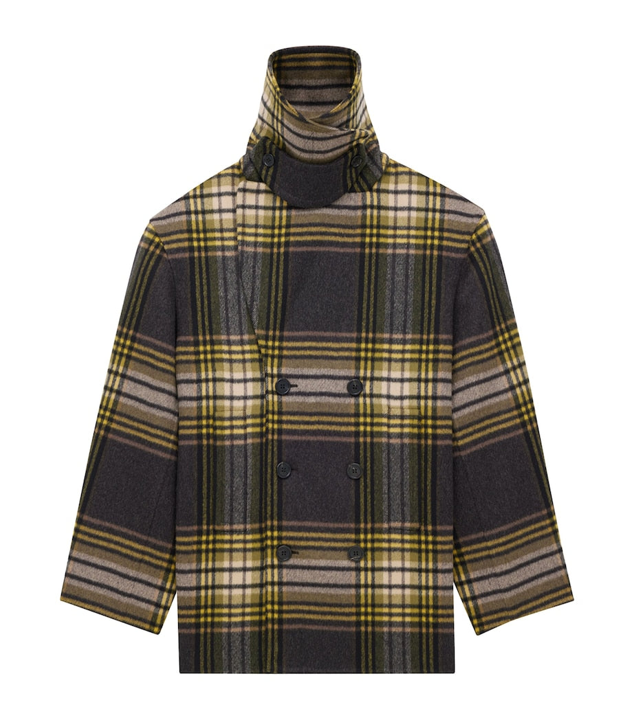 Grey Virgin Wool Check Pea Coat