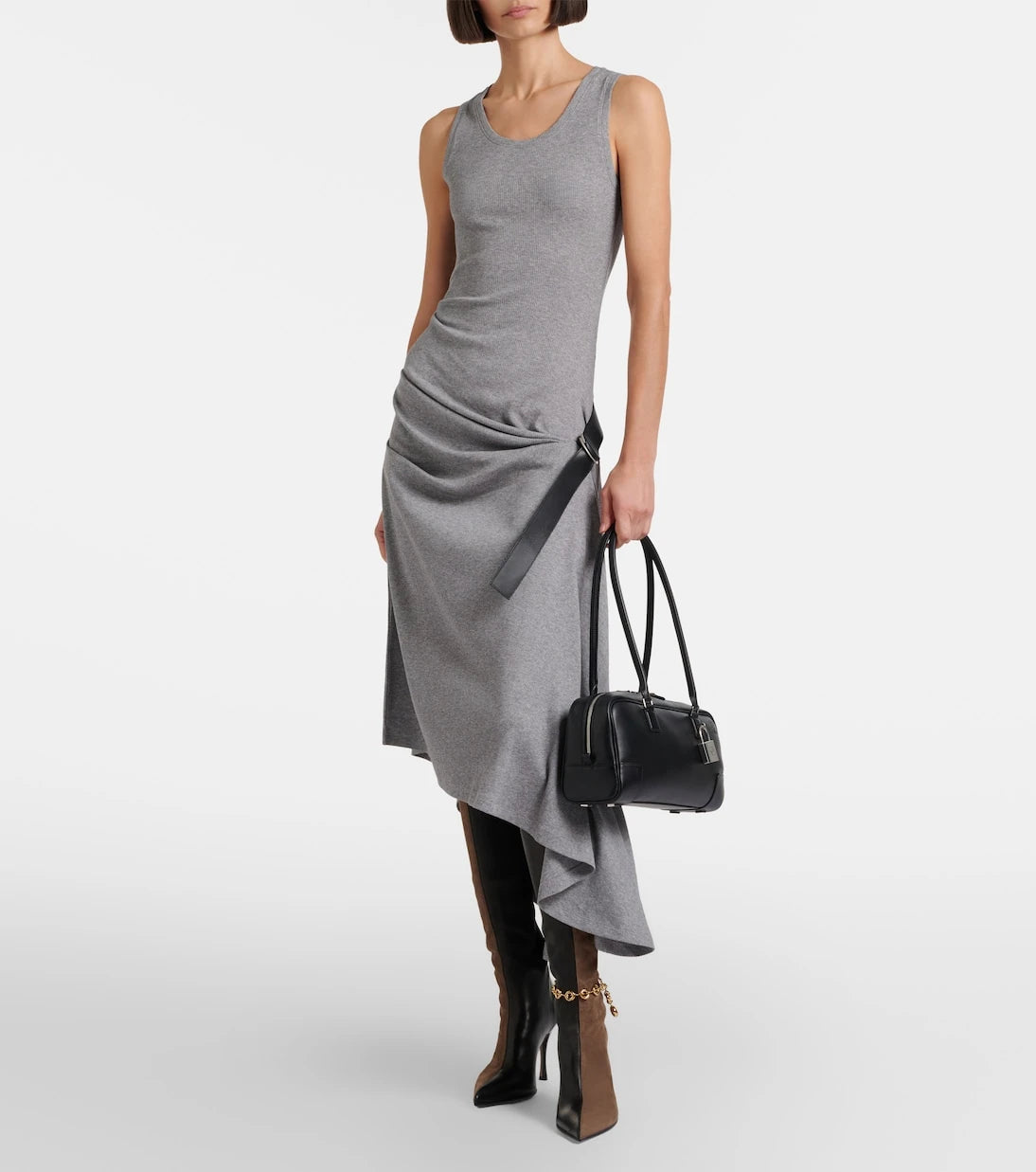 Loewe - Belted ribbed-knit draped cotton-blend midi dress
