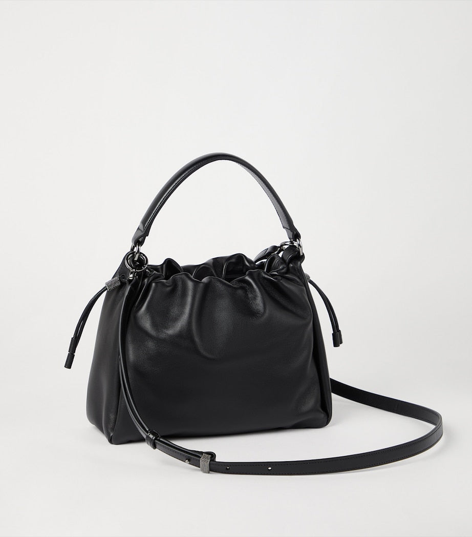 Brunello Cucinelli Black Small Leather Mellow Bucket Bag