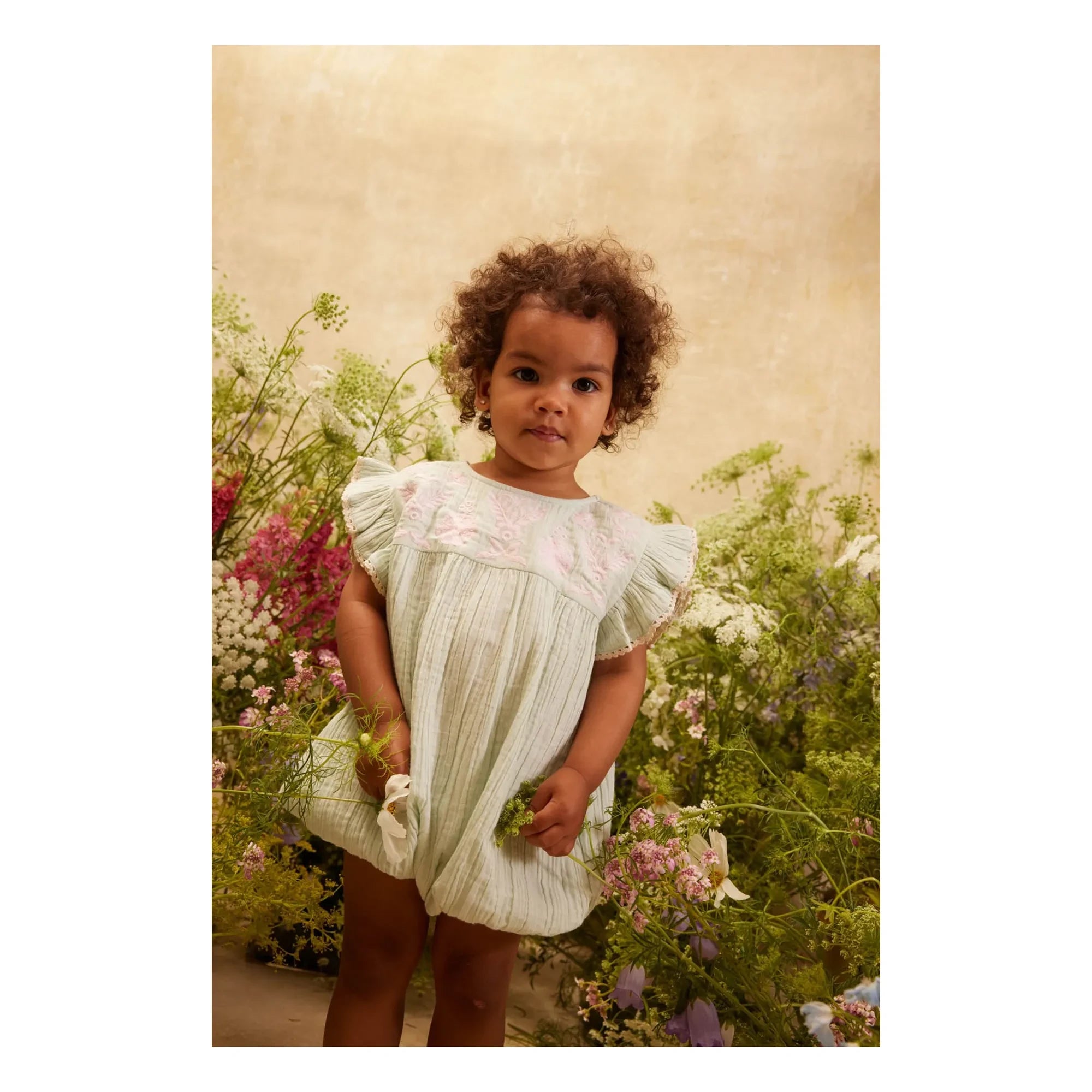 Louise Misha - Nusha organic cotton ruffled romper | Almond green
