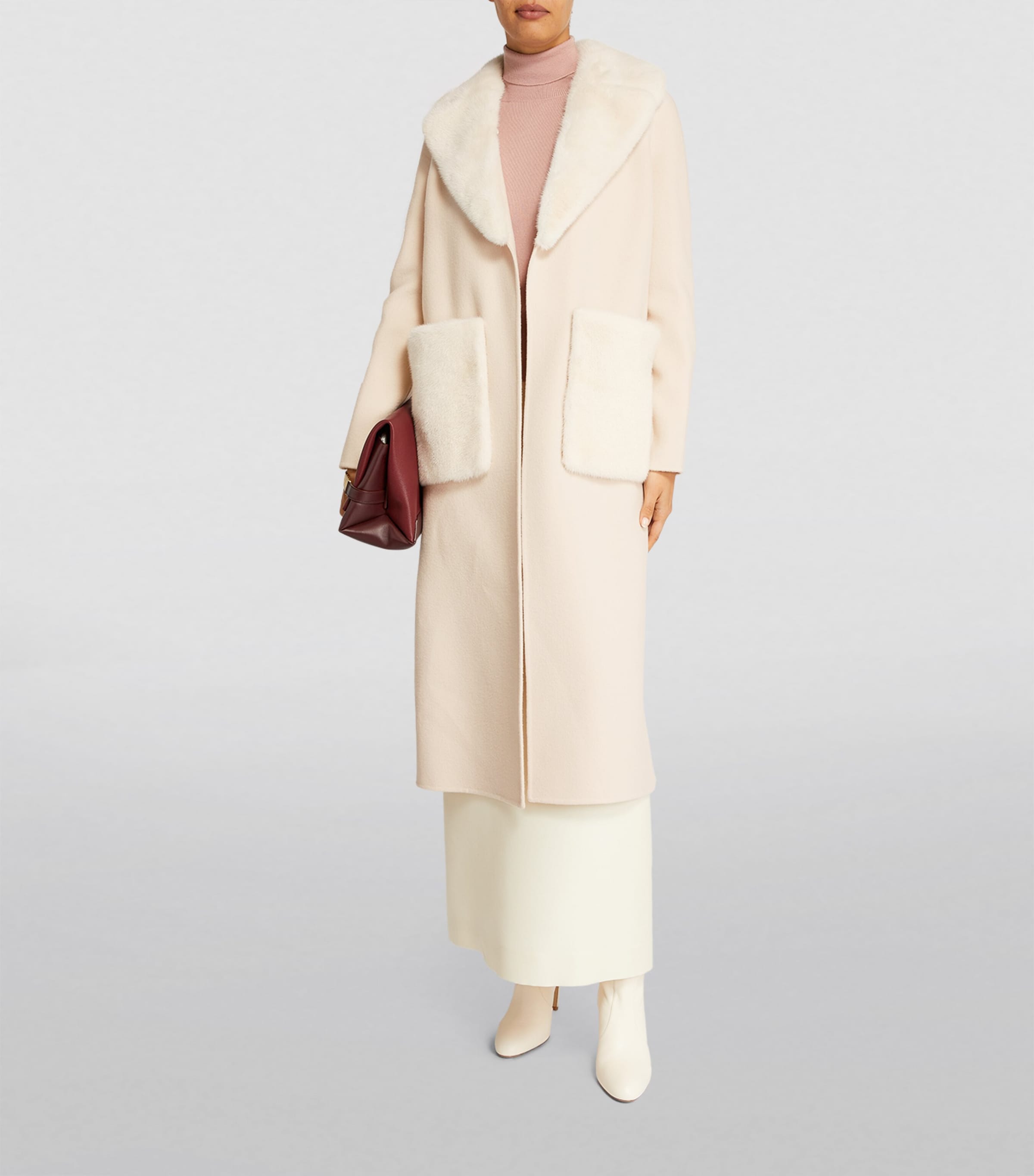 Yves Salomon Beige Cashmere-Wool Fox Fur-Trim Coat