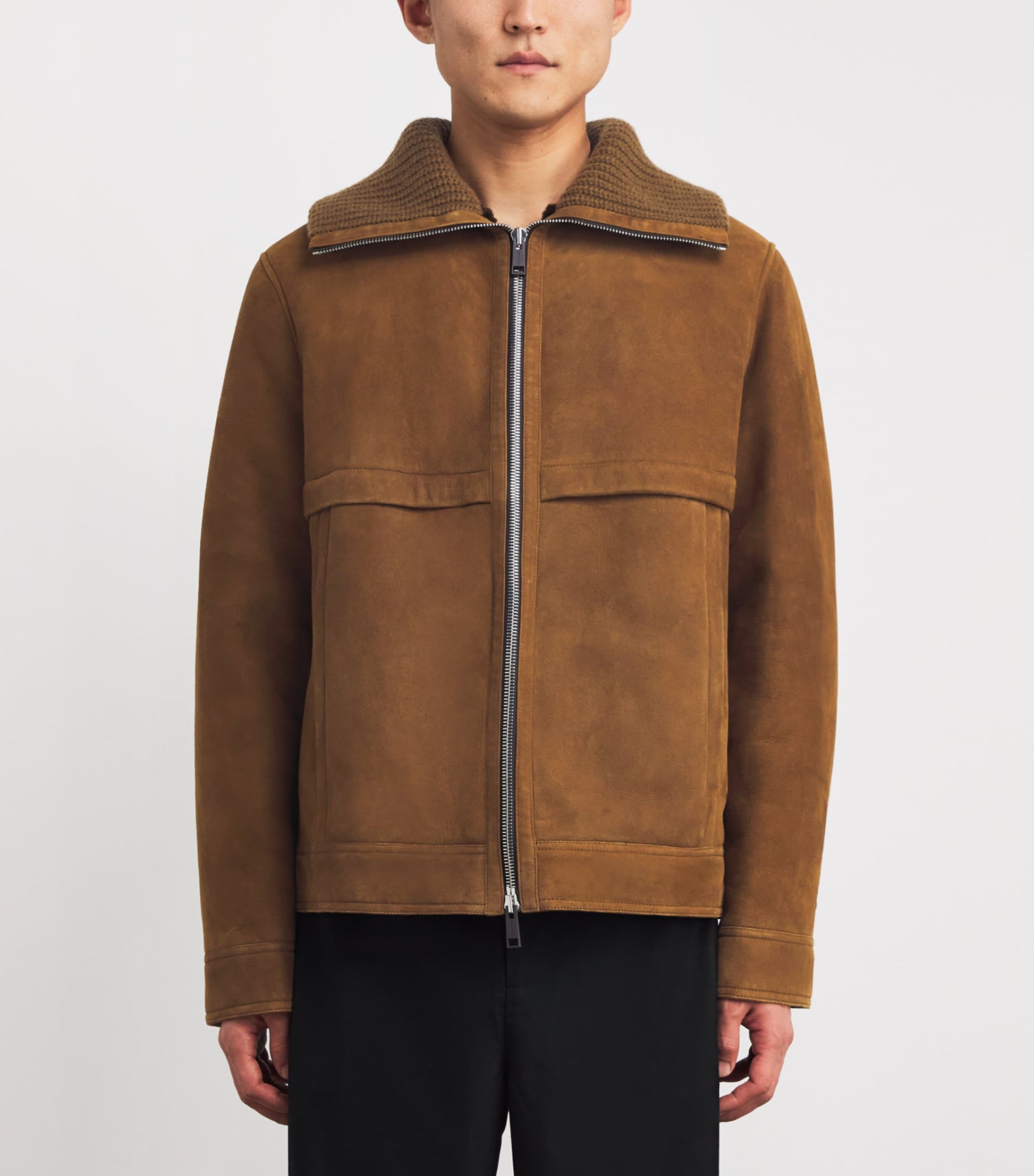 Yves Salomon Brown Suede Knit-Collar Jacket