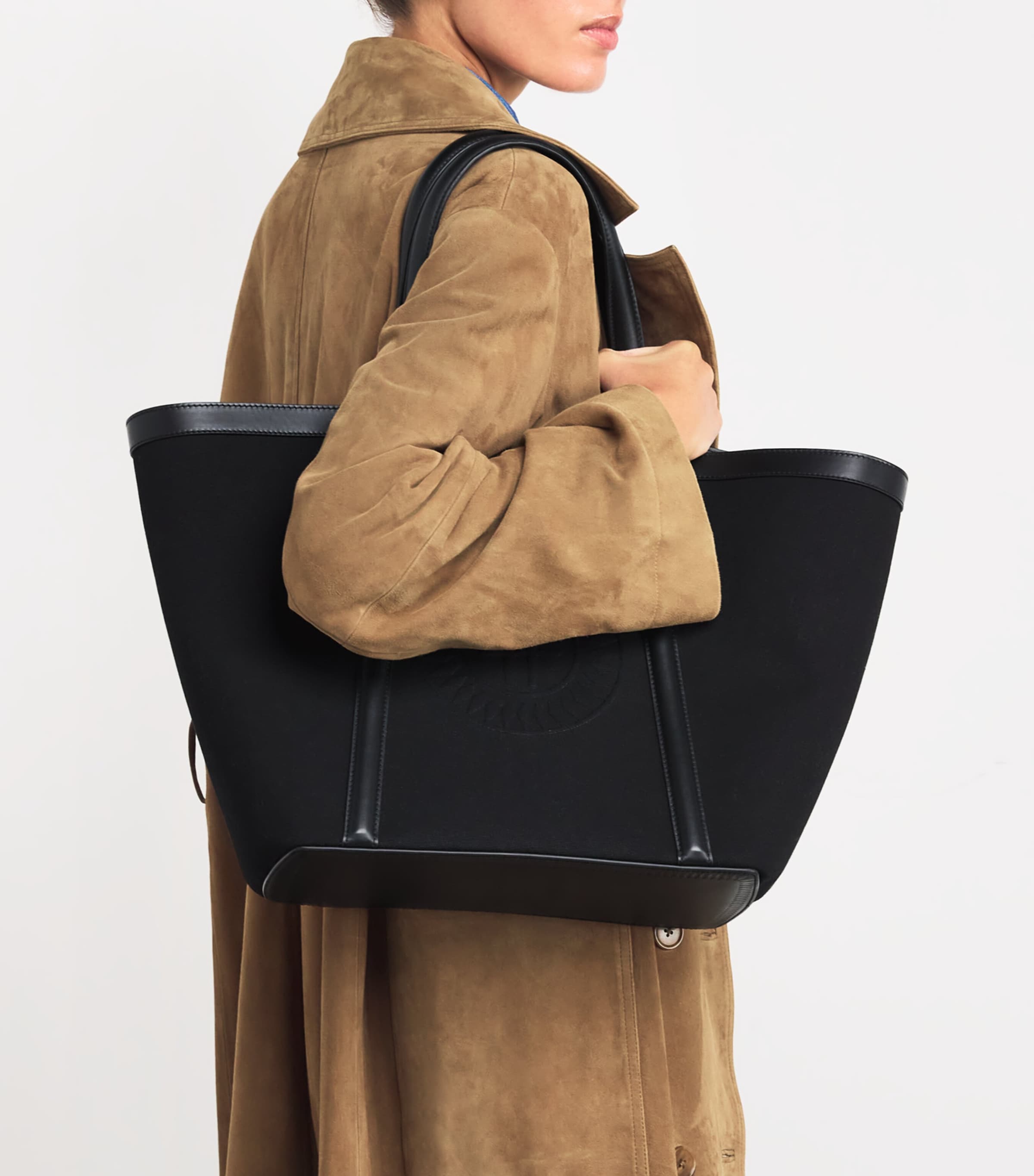 Large Canvas-Leather Embossed Tote Bag BLACK